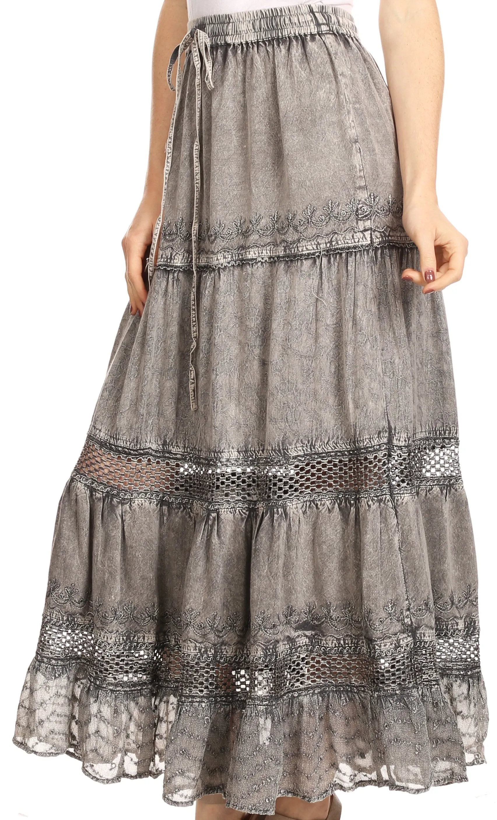 Sakkas Salina Boho Maxi Skirt with Embroidery and Crochet Lace  Adjustable Waist