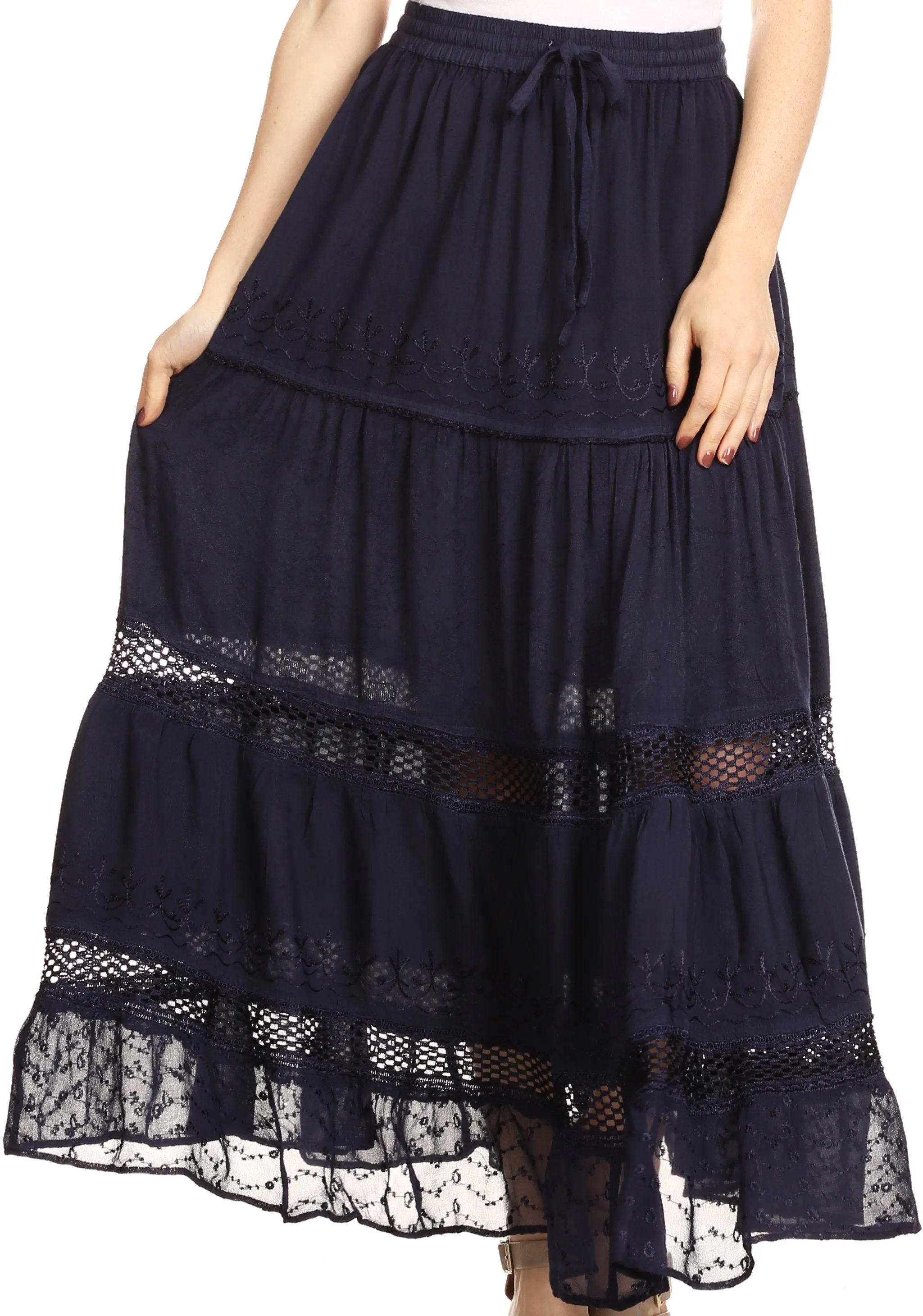 Sakkas Salina Boho Maxi Skirt with Embroidery and Crochet Lace  Adjustable Waist