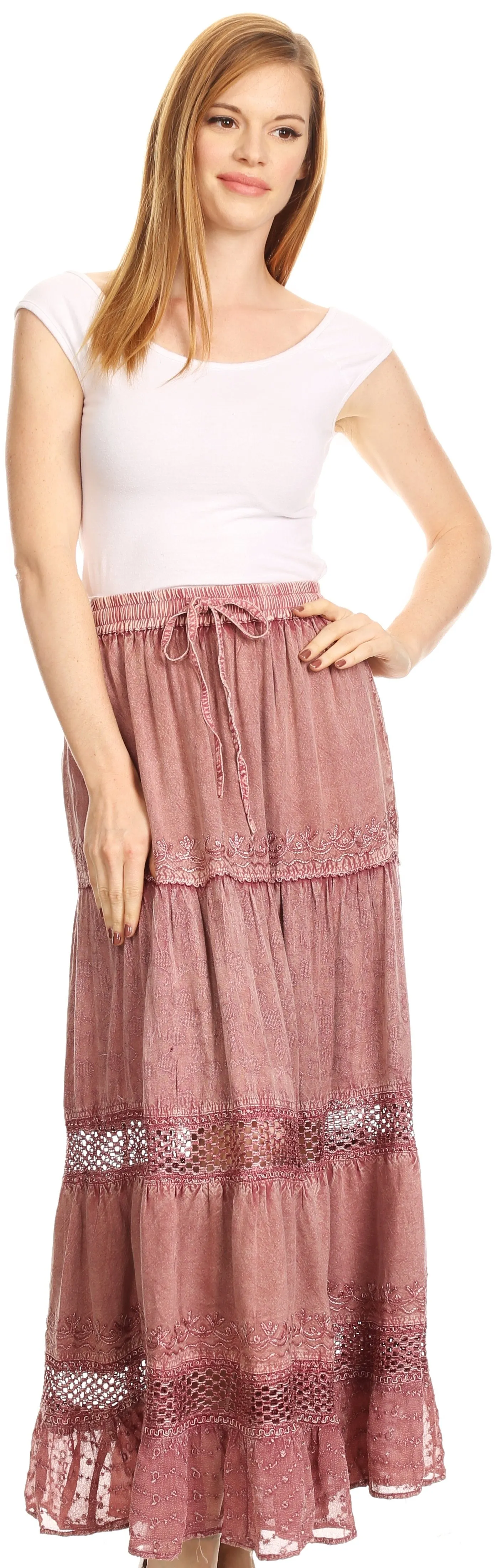 Sakkas Salina Boho Maxi Skirt with Embroidery and Crochet Lace  Adjustable Waist