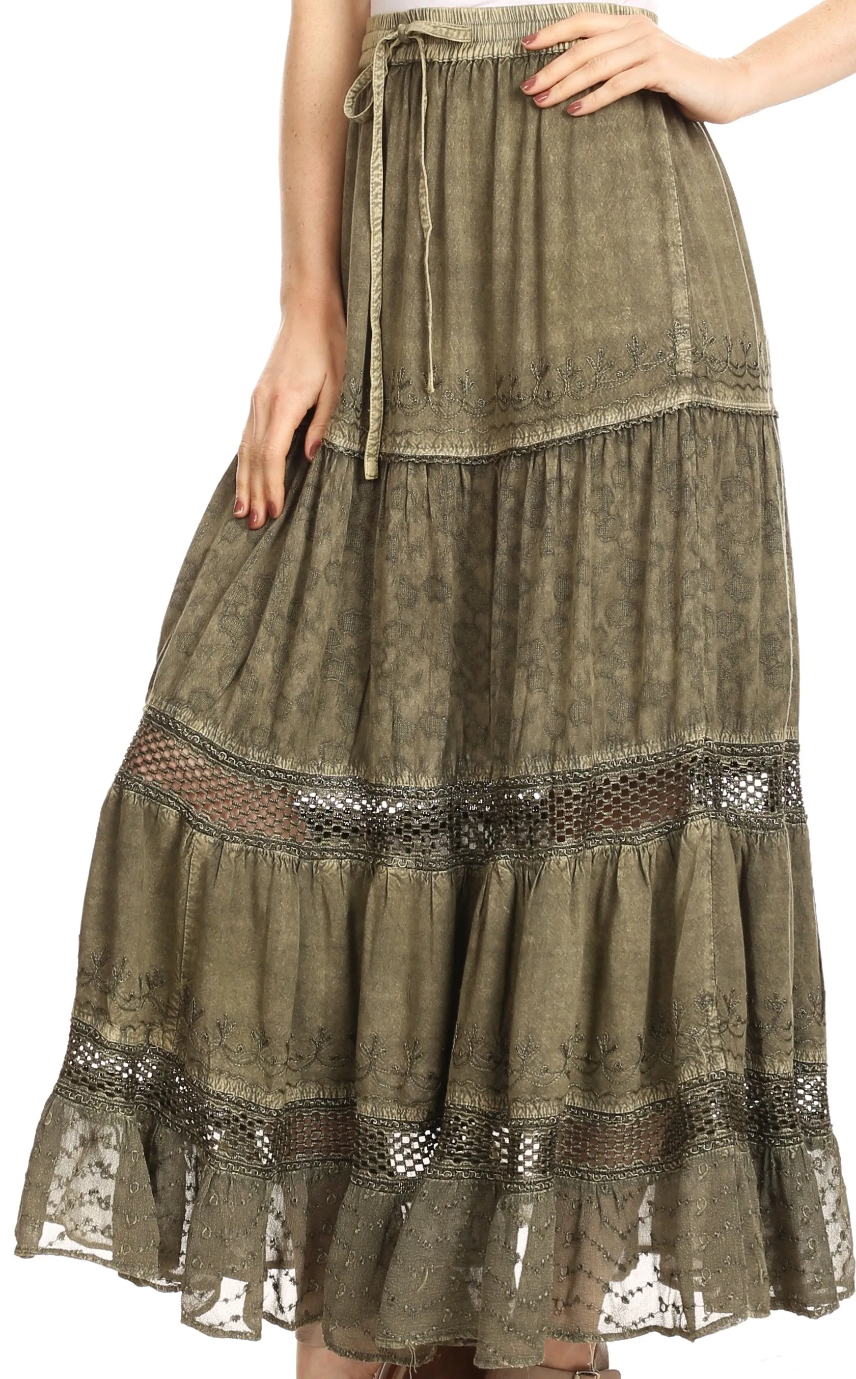 Sakkas Salina Boho Maxi Skirt with Embroidery and Crochet Lace  Adjustable Waist