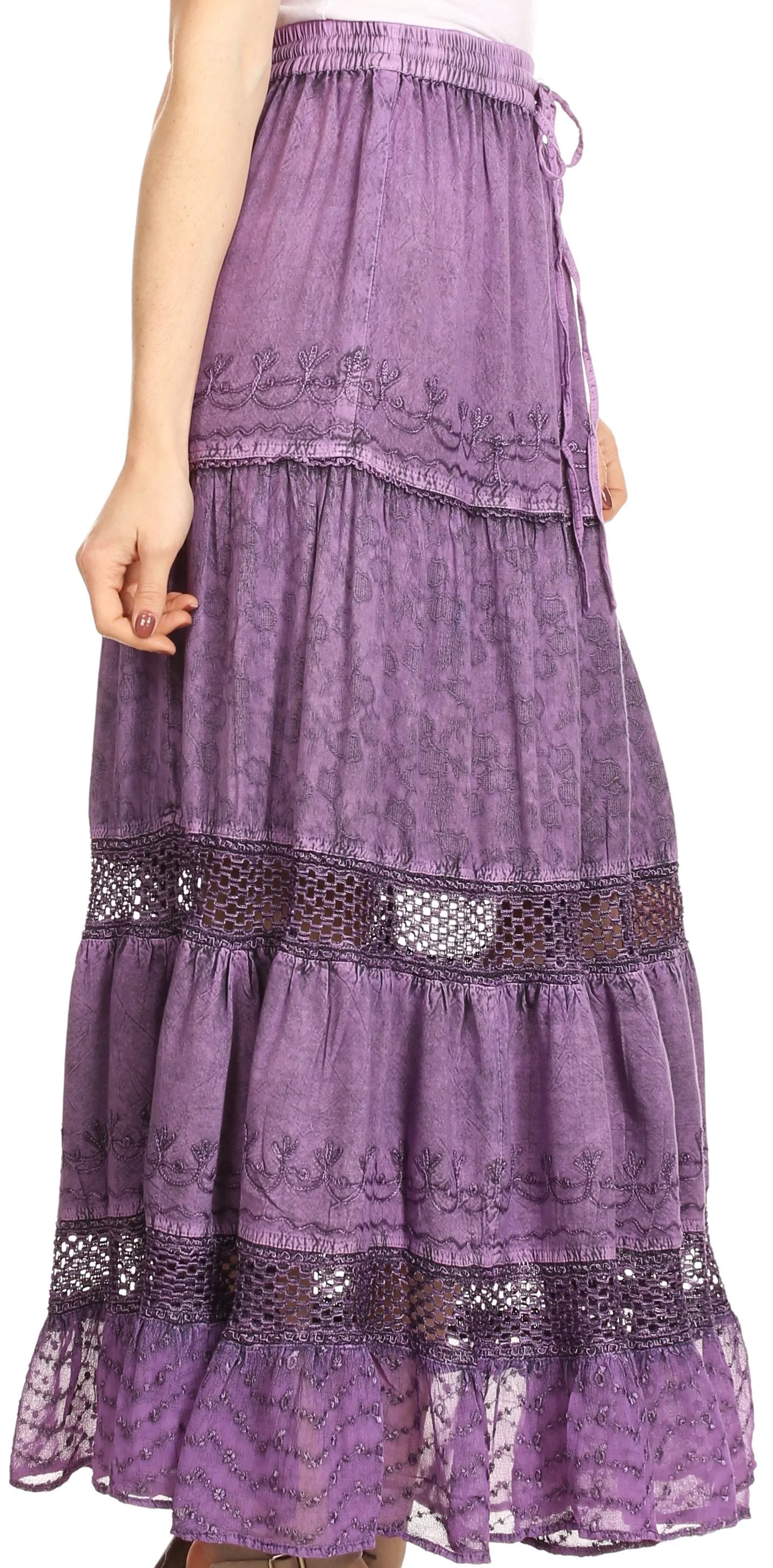 Sakkas Salina Boho Maxi Skirt with Embroidery and Crochet Lace  Adjustable Waist