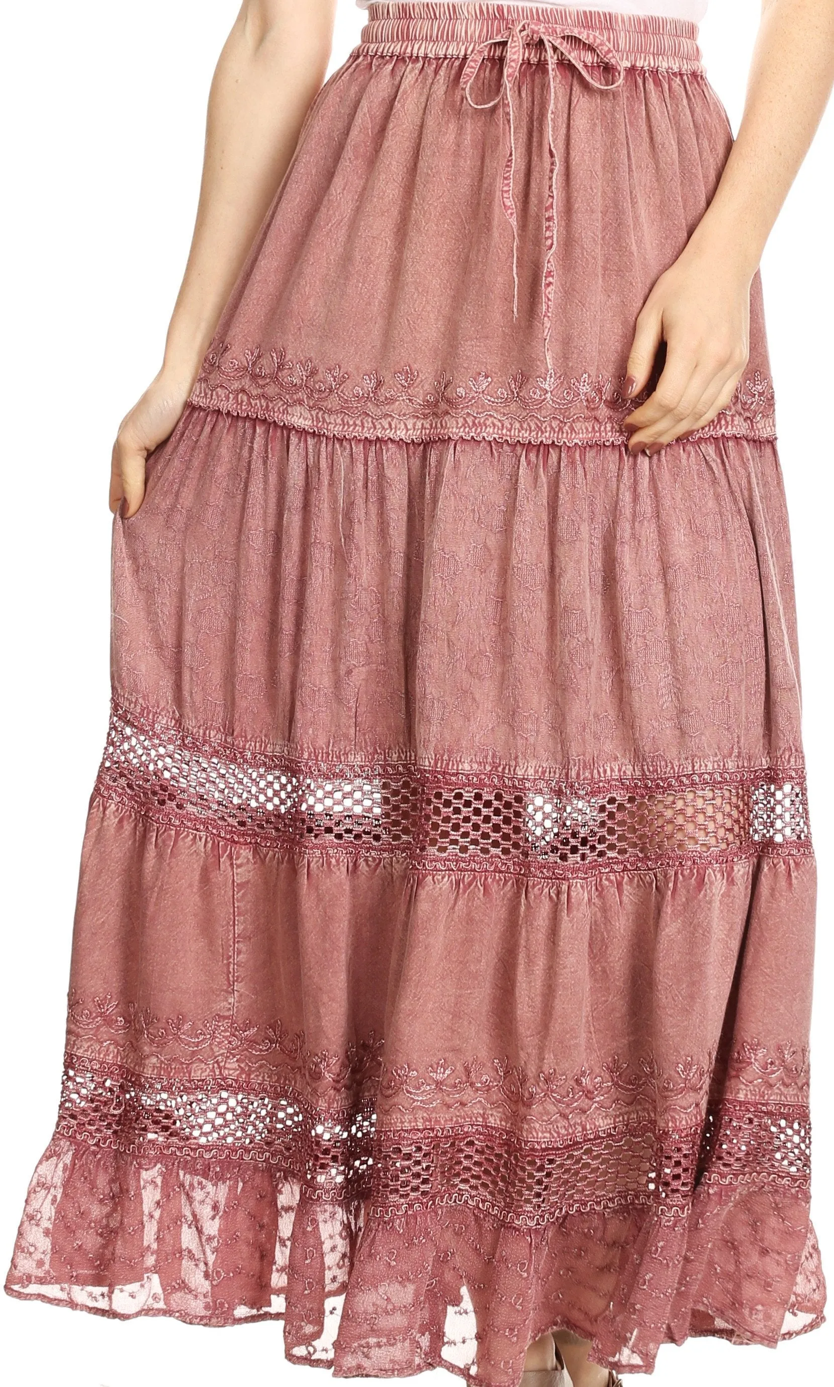 Sakkas Salina Boho Maxi Skirt with Embroidery and Crochet Lace  Adjustable Waist