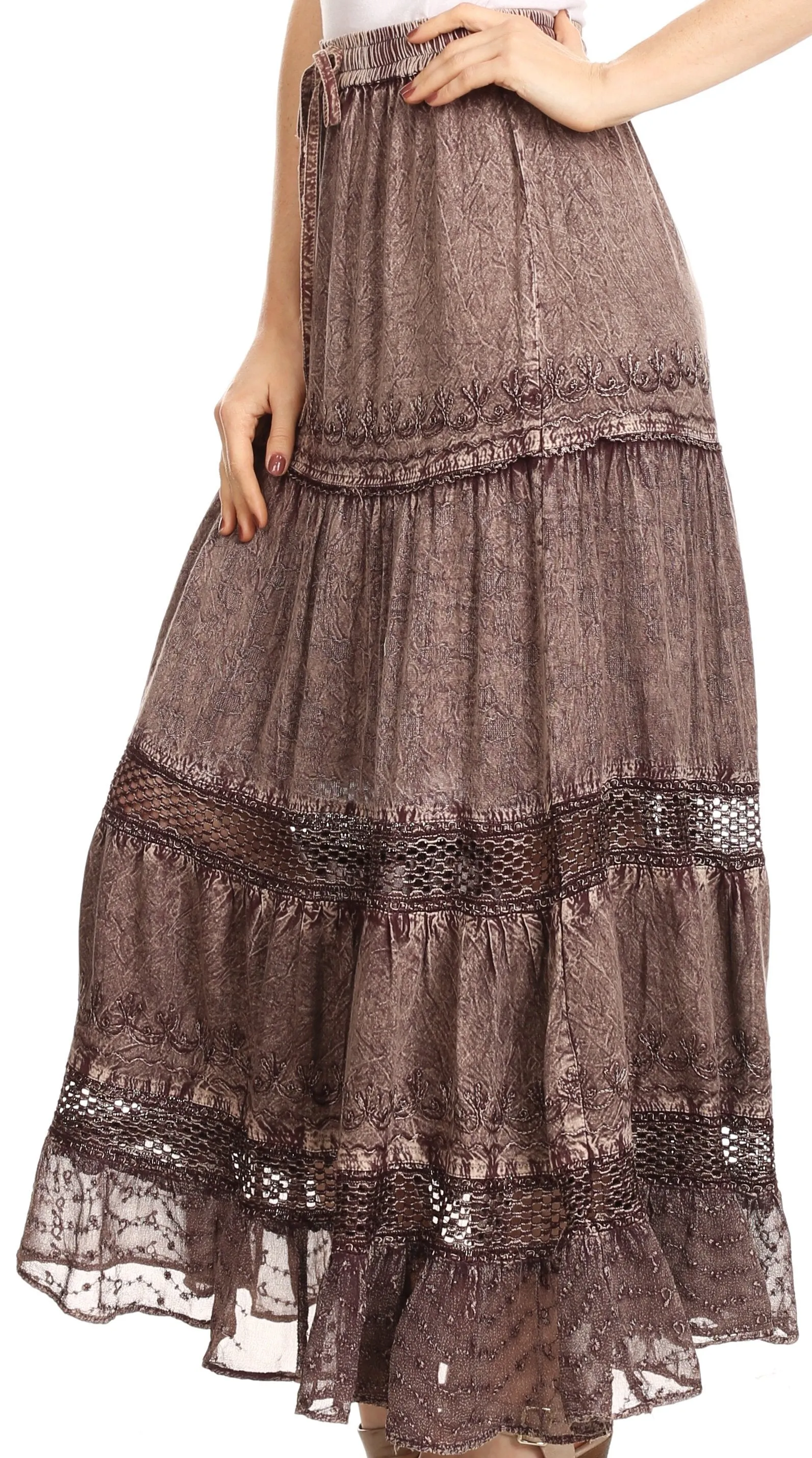 Sakkas Salina Boho Maxi Skirt with Embroidery and Crochet Lace  Adjustable Waist