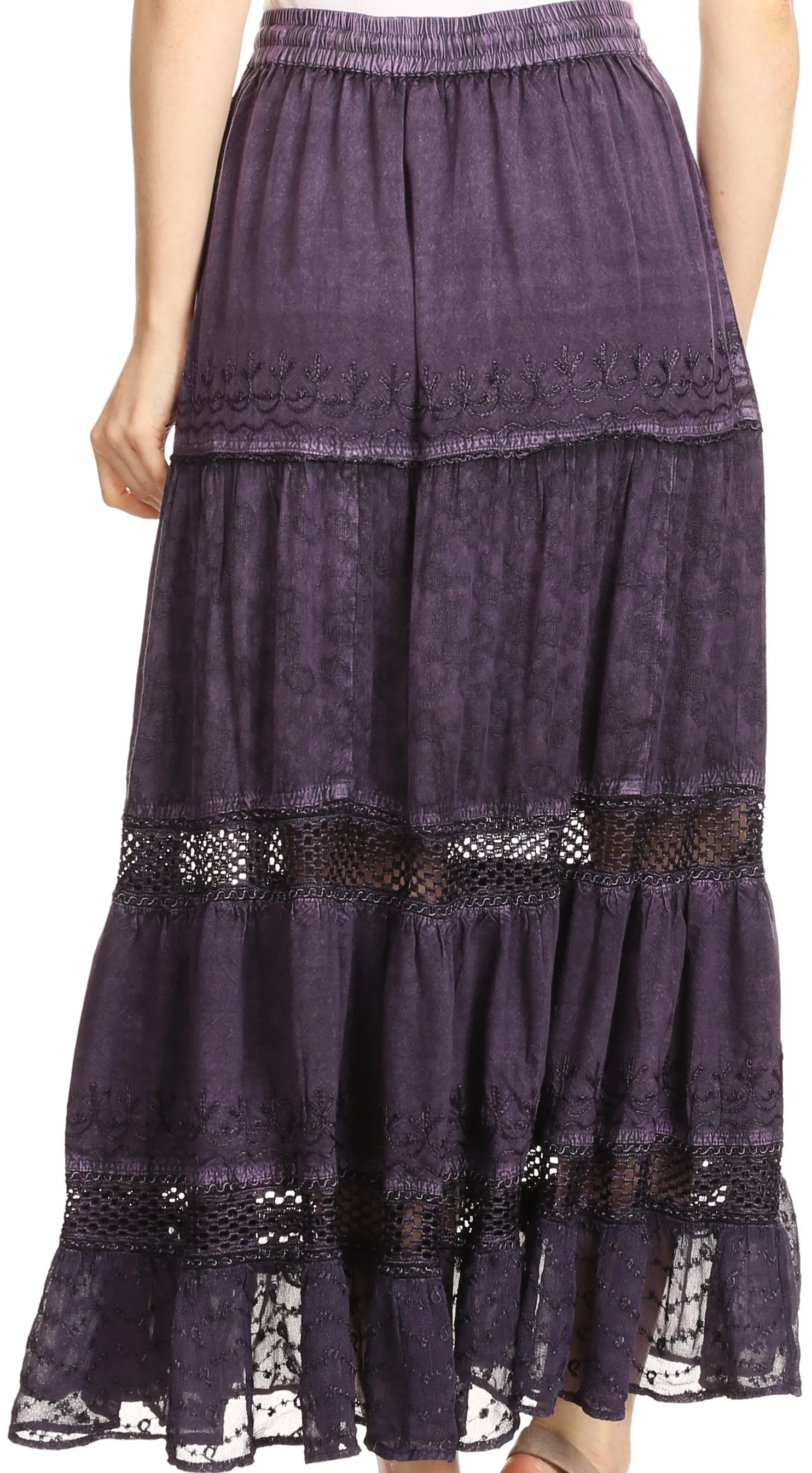 Sakkas Salina Boho Maxi Skirt with Embroidery and Crochet Lace  Adjustable Waist