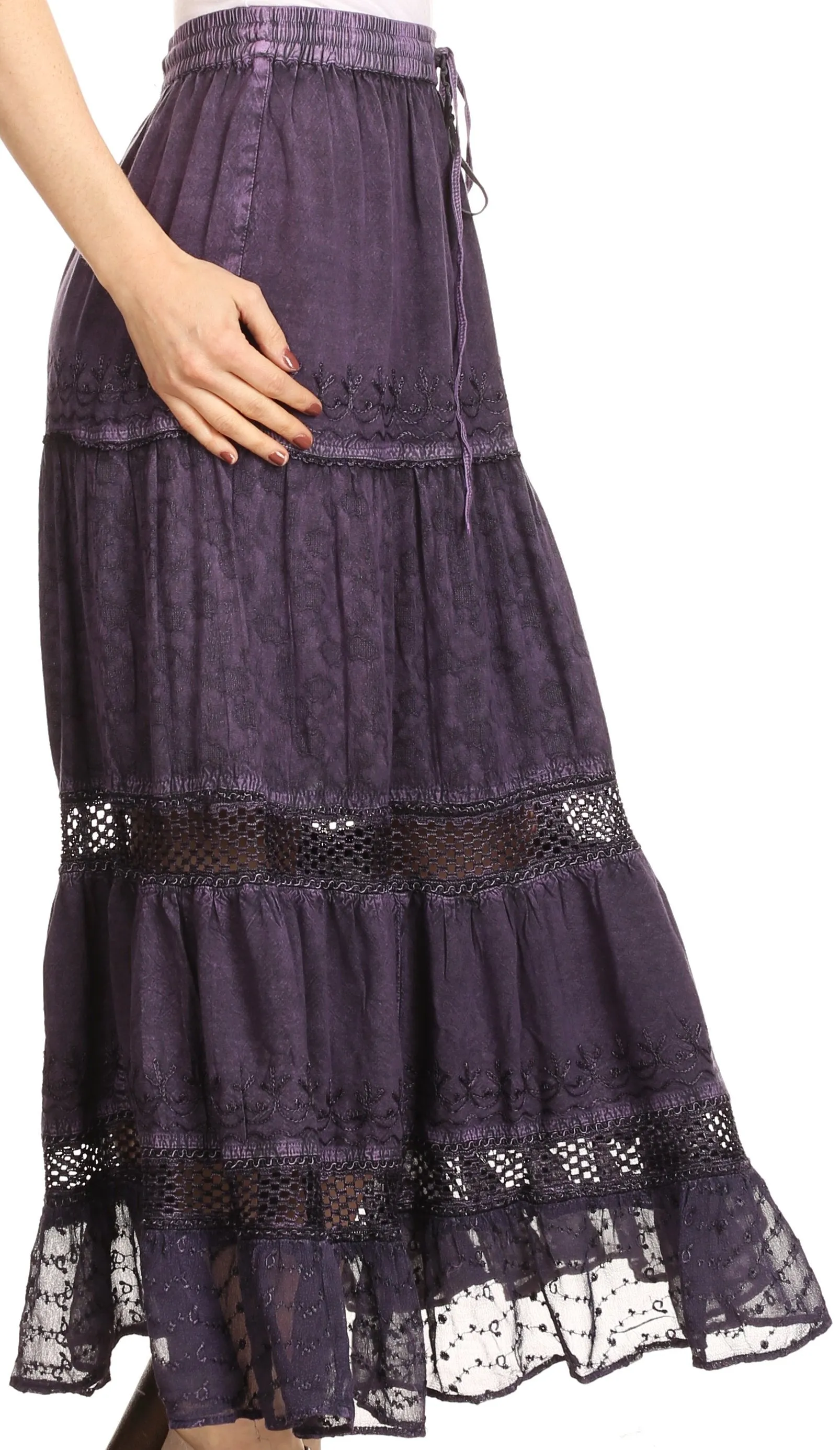 Sakkas Salina Boho Maxi Skirt with Embroidery and Crochet Lace  Adjustable Waist