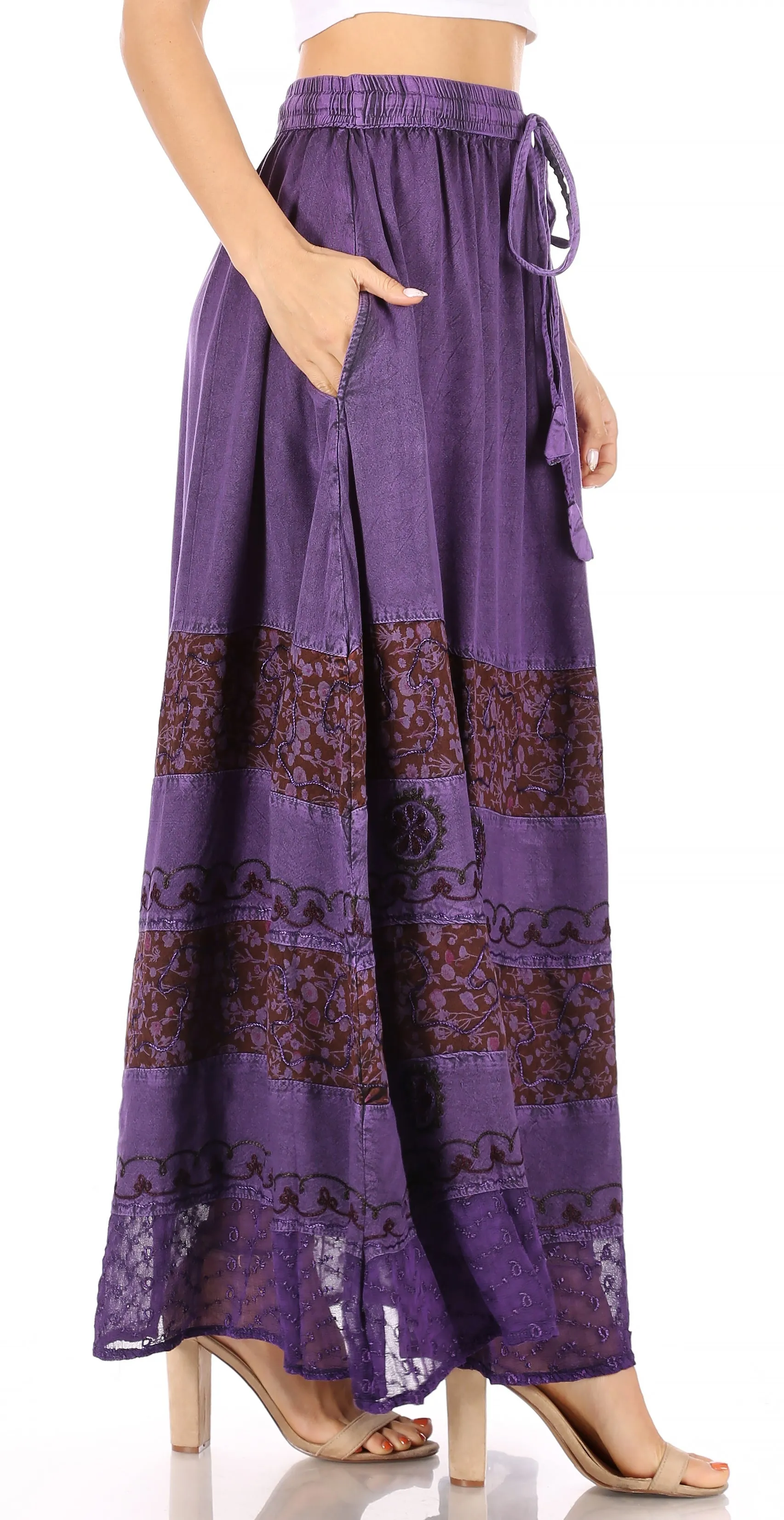 Sakkas Sandra Women's Casual Long Maxi Boho Gypsy Skirt Elastic Waist & Pockets