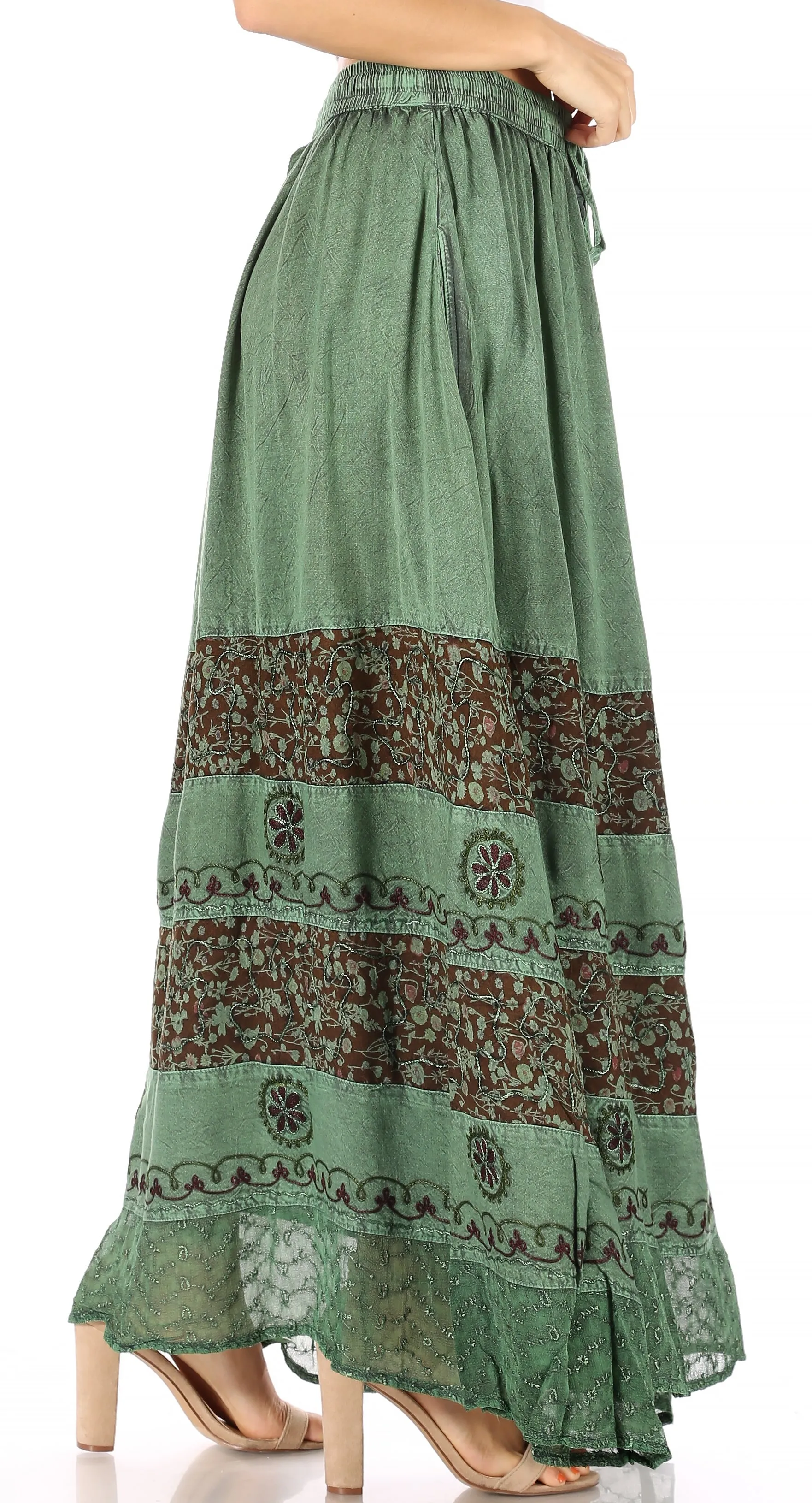 Sakkas Sandra Women's Casual Long Maxi Boho Gypsy Skirt Elastic Waist & Pockets