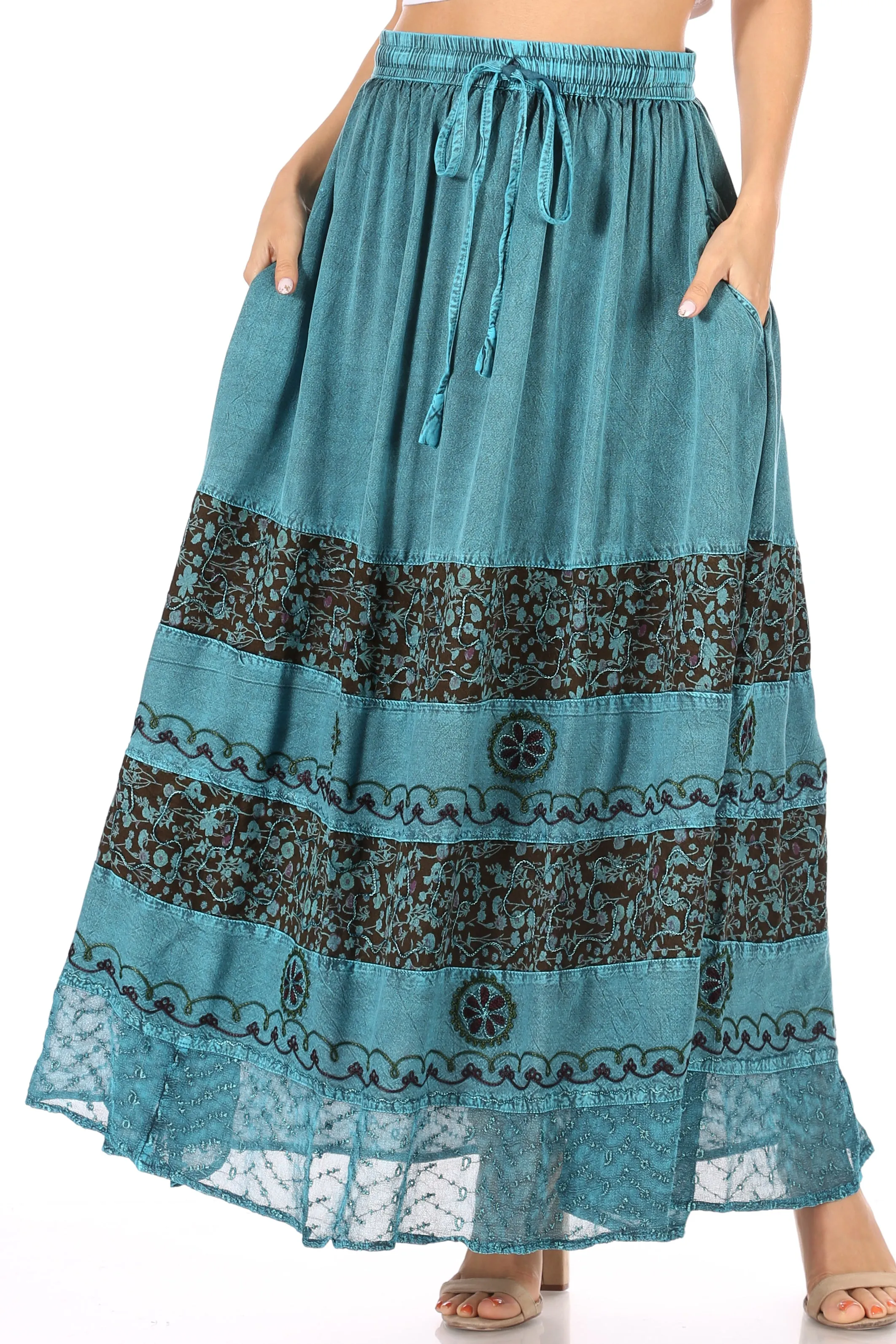 Sakkas Sandra Women's Casual Long Maxi Boho Gypsy Skirt Elastic Waist & Pockets