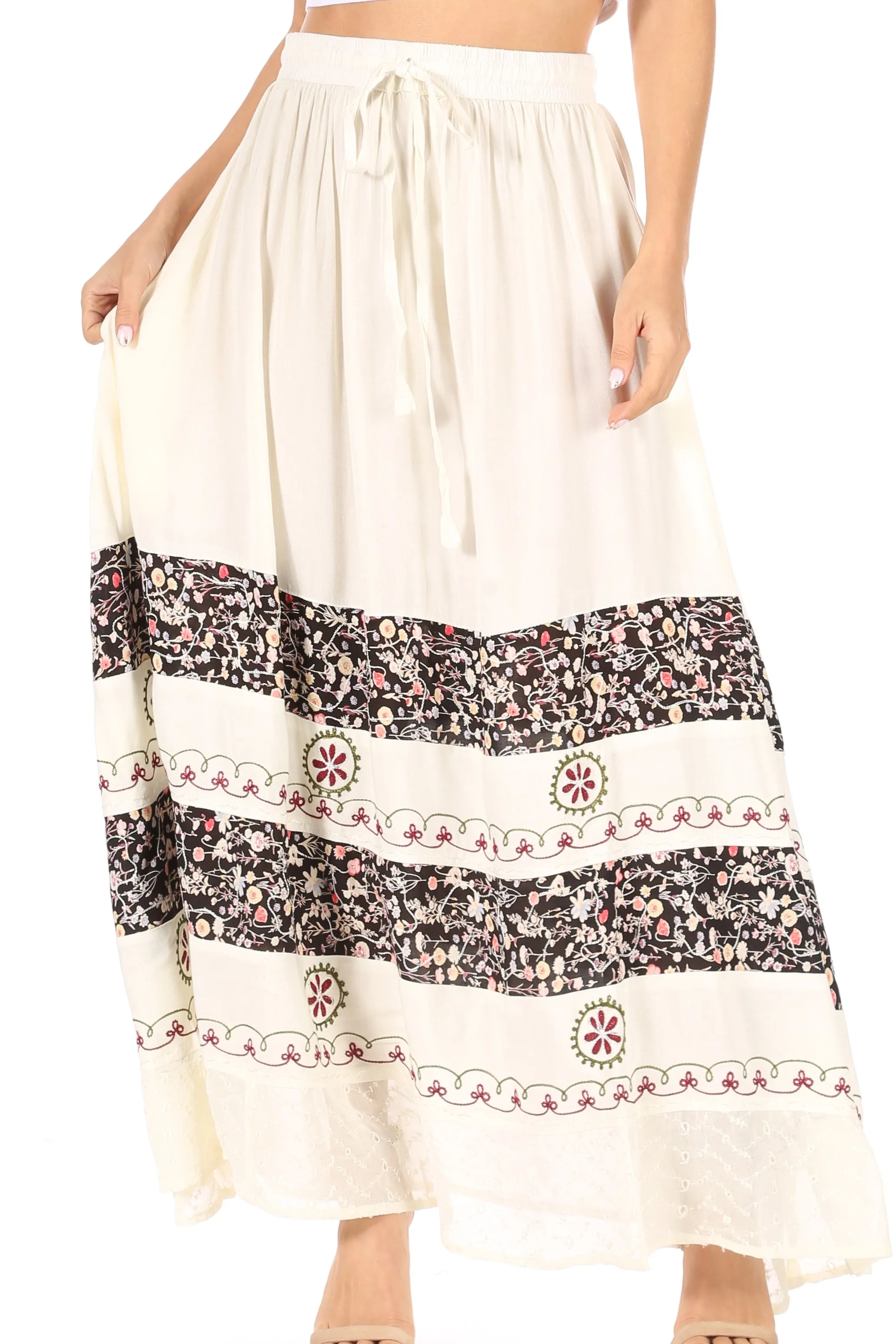 Sakkas Sandra Women's Casual Long Maxi Boho Gypsy Skirt Elastic Waist & Pockets