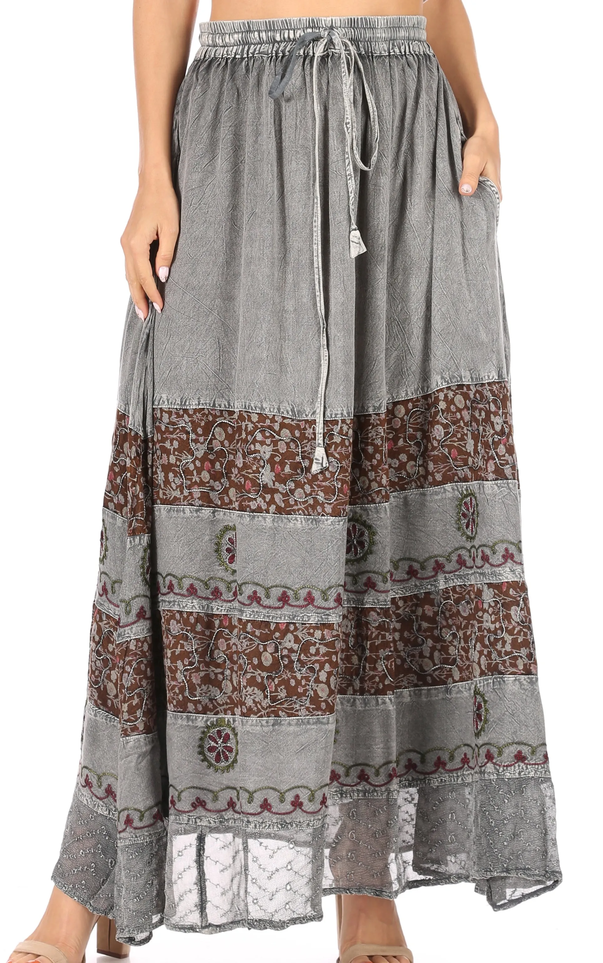 Sakkas Sandra Women's Casual Long Maxi Boho Gypsy Skirt Elastic Waist & Pockets