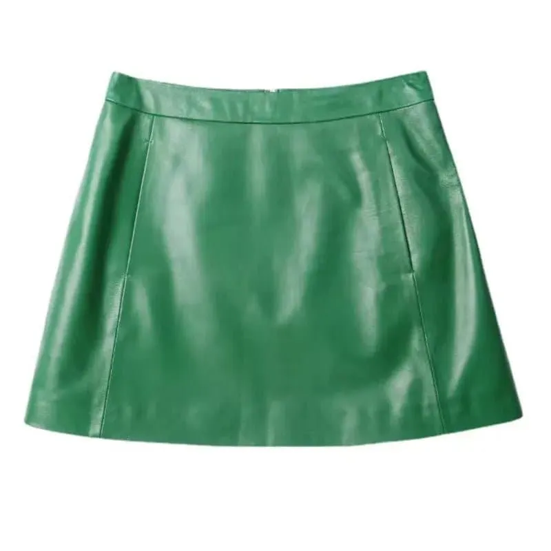 Sheepskin High Waist Leather Mini Skirt - Genuine Leather, Casual Style, Solid, A-Line | Women's Fashion Skirt