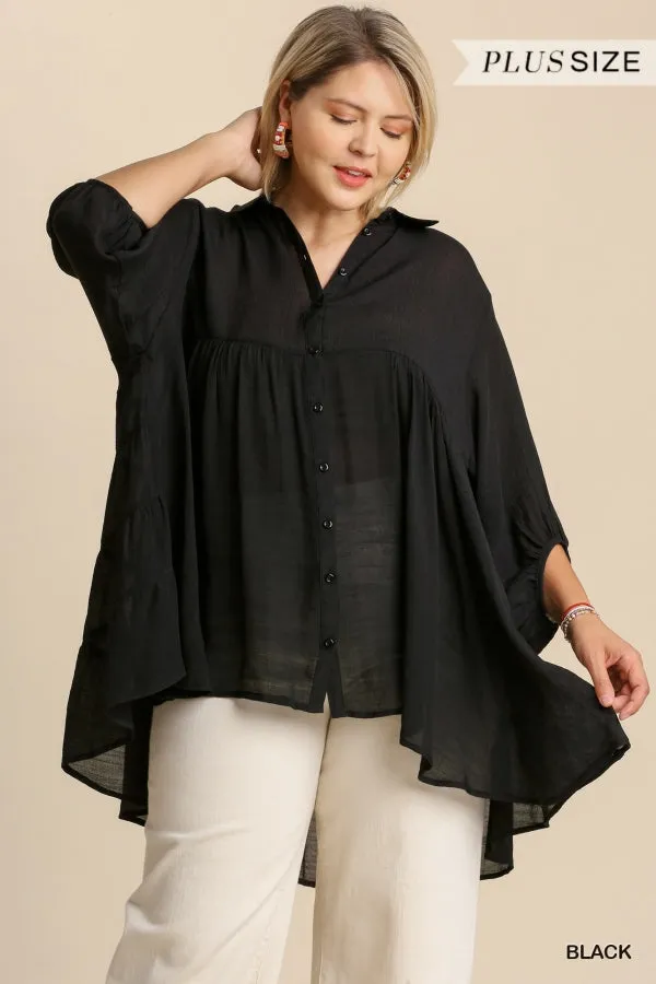 Sheer 3/4 Sleeve Button Down Dress