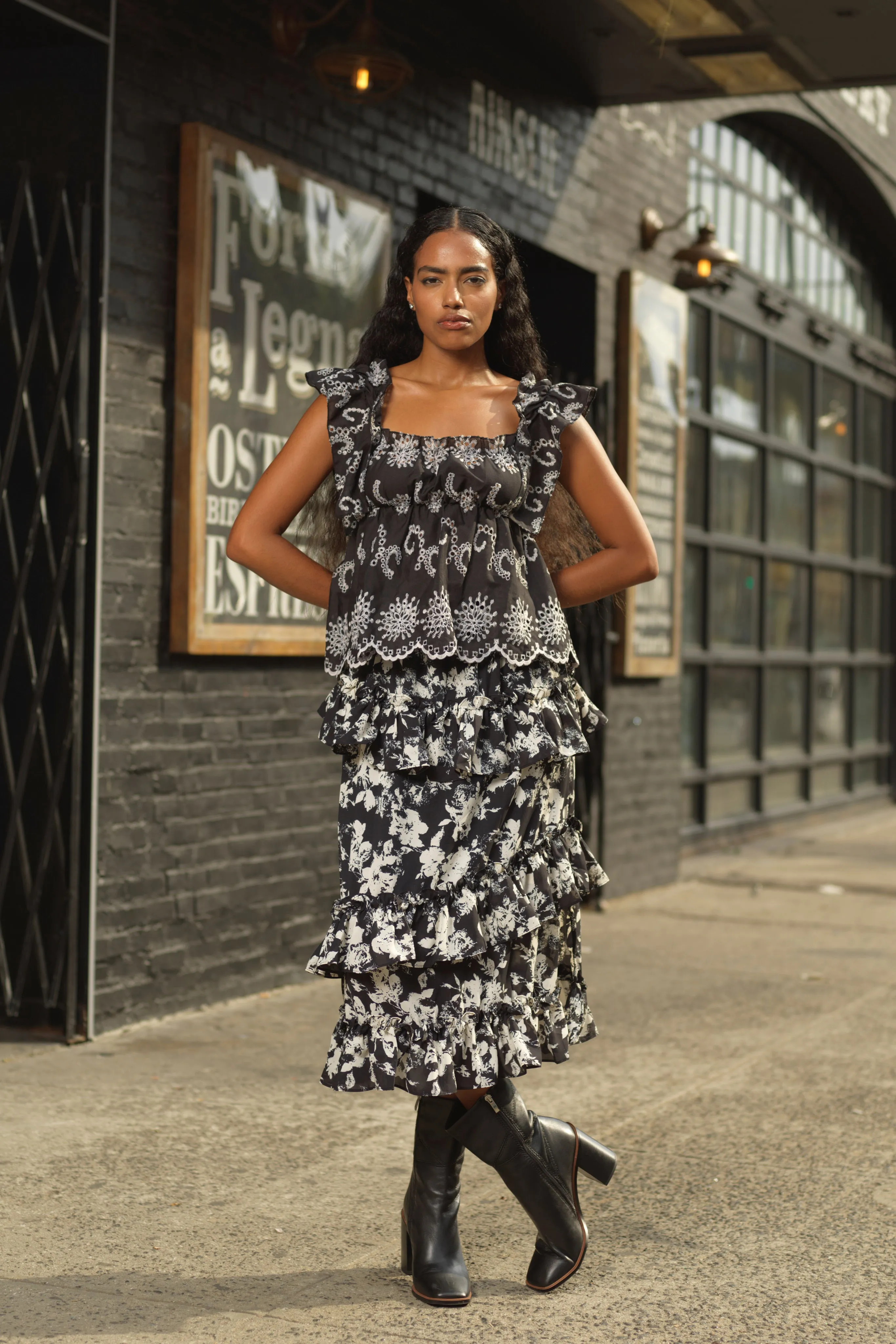 Silk Print Black White Ruffle Layer Skirt