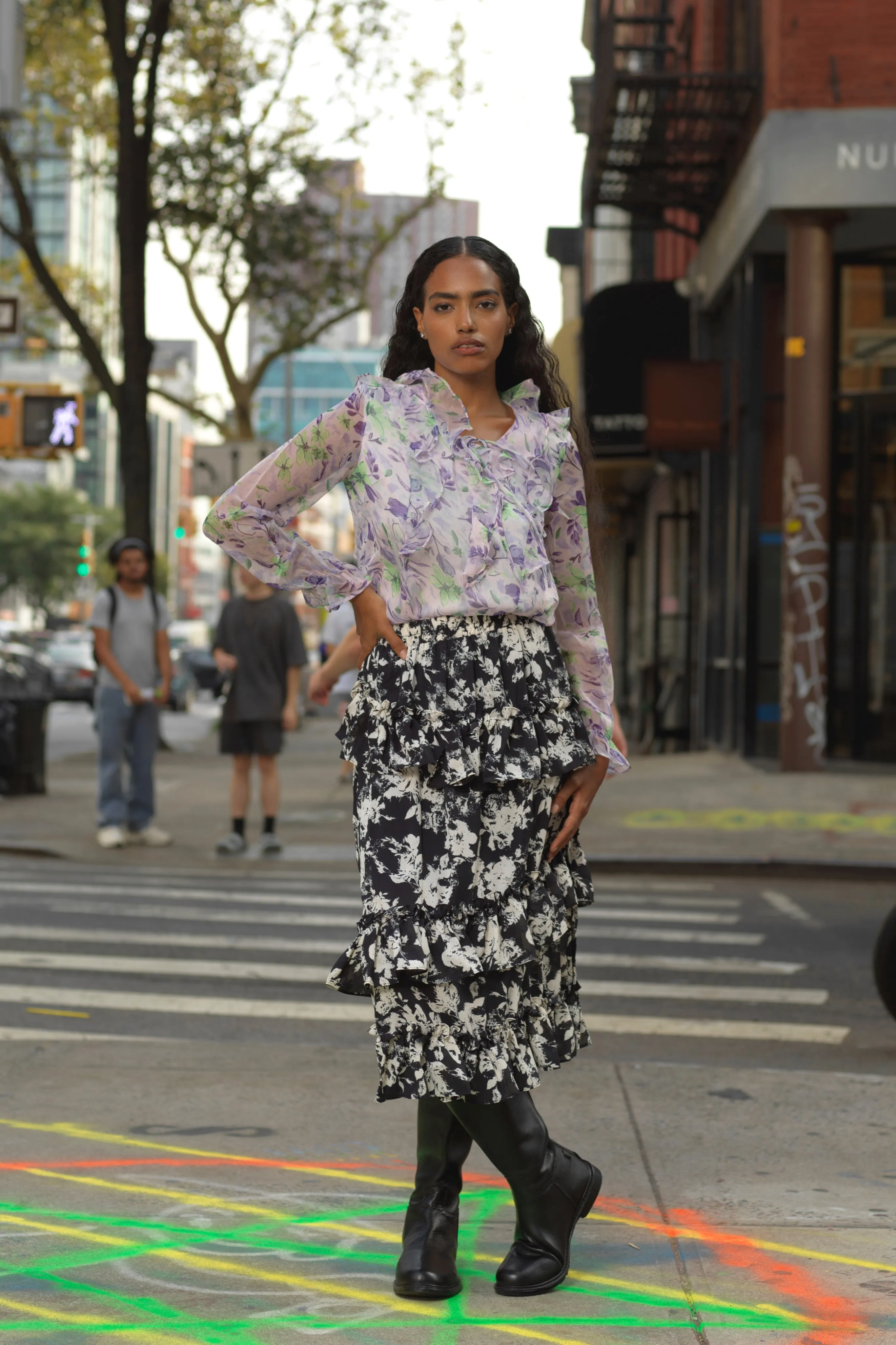 Silk Print Black White Ruffle Layer Skirt