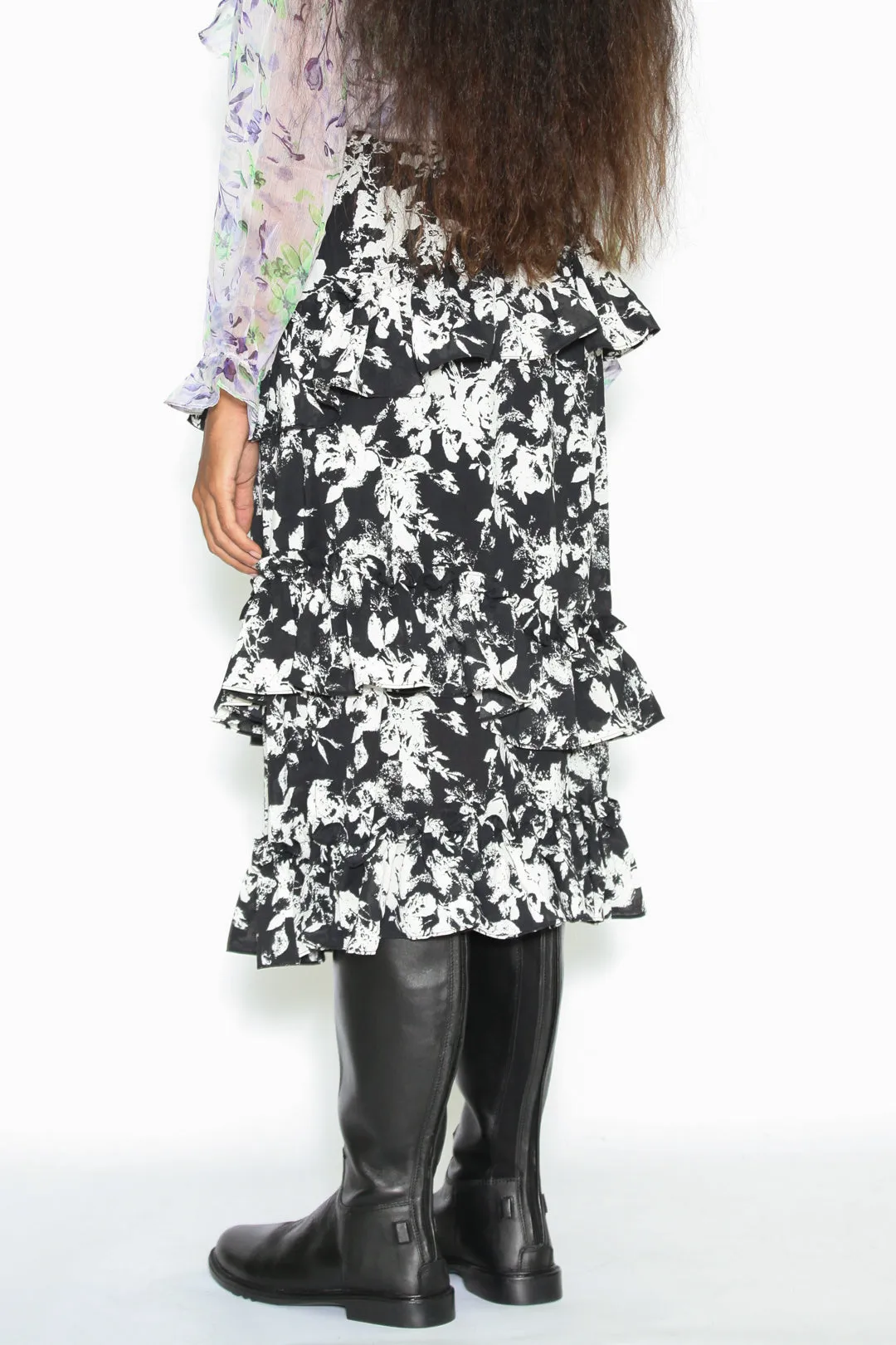 Silk Print Black White Ruffle Layer Skirt