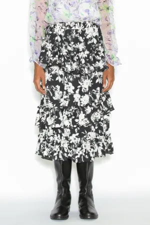 Silk Print Black White Ruffle Layer Skirt