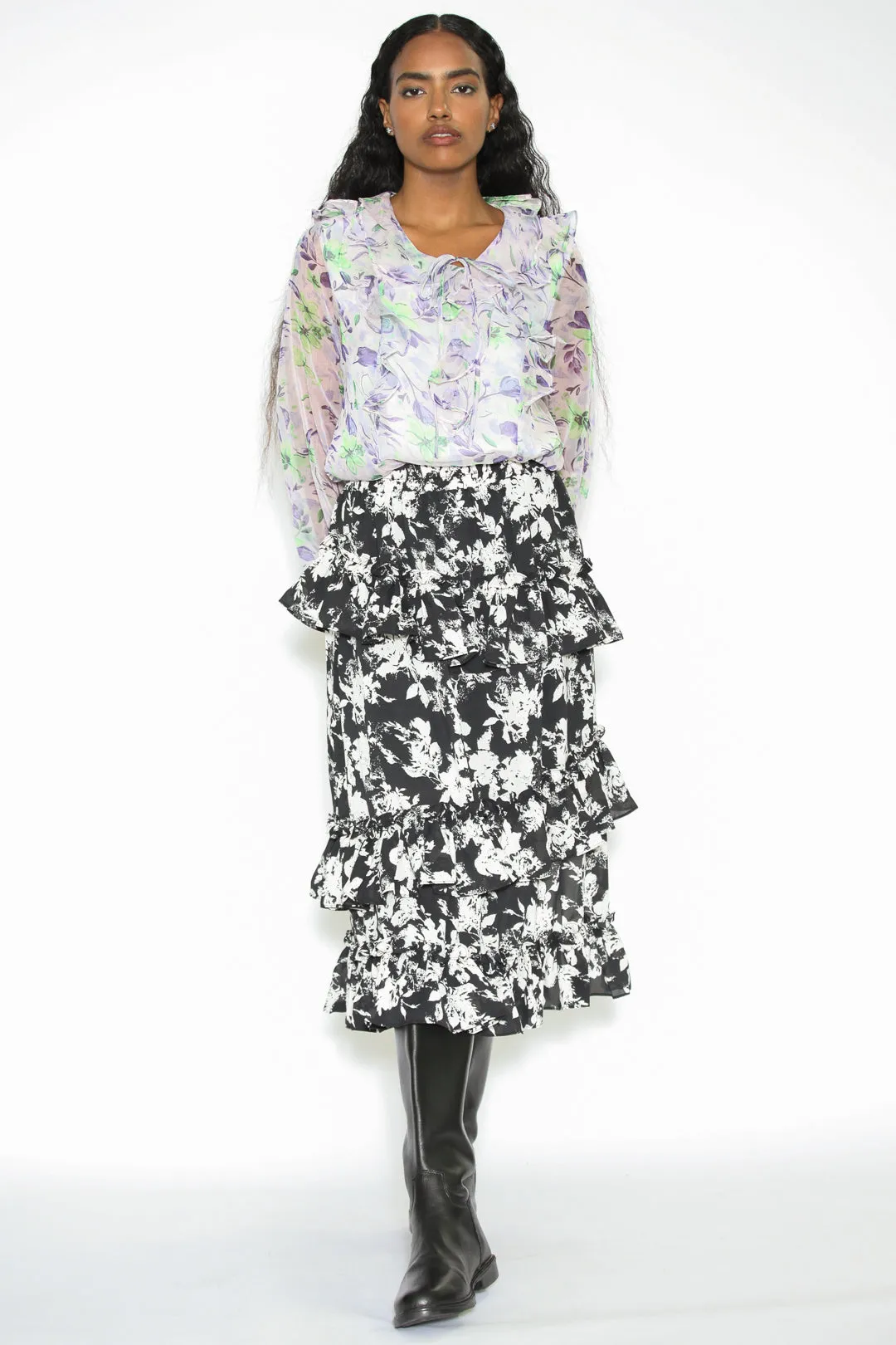 Silk Print Black White Ruffle Layer Skirt