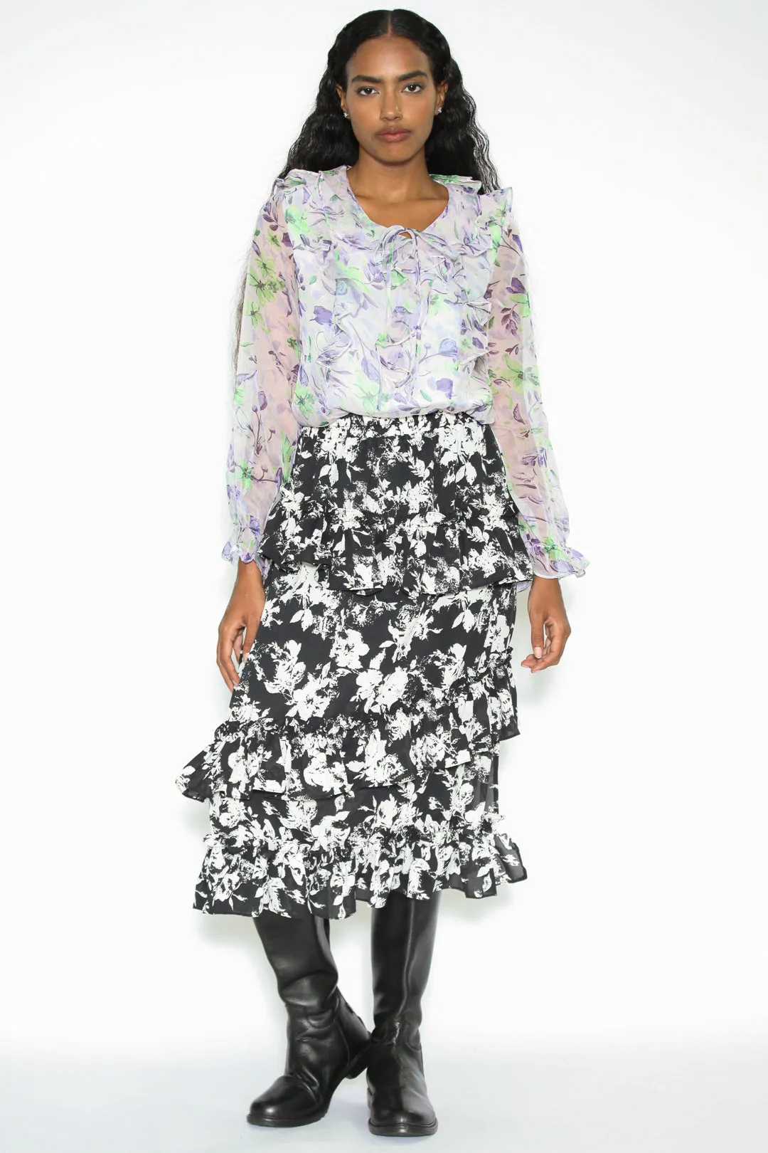 Silk Print Black White Ruffle Layer Skirt