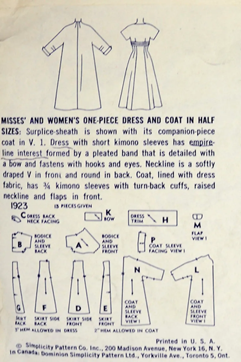 Simplicity 1923 Vintage 1956 Sewing Pattern for Sheath Dress & Coat