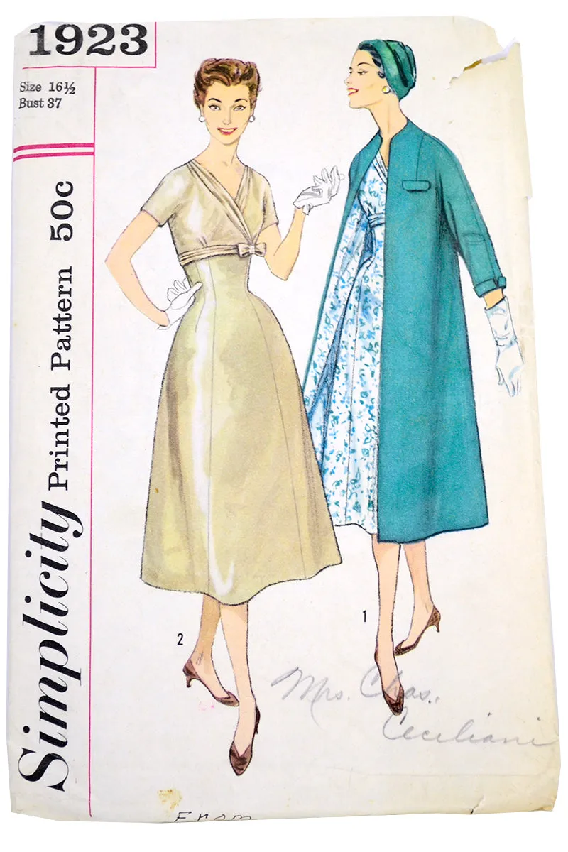 Simplicity 1923 Vintage 1956 Sewing Pattern for Sheath Dress & Coat