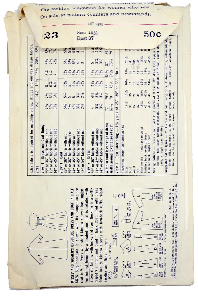 Simplicity 1923 Vintage 1956 Sewing Pattern for Sheath Dress & Coat