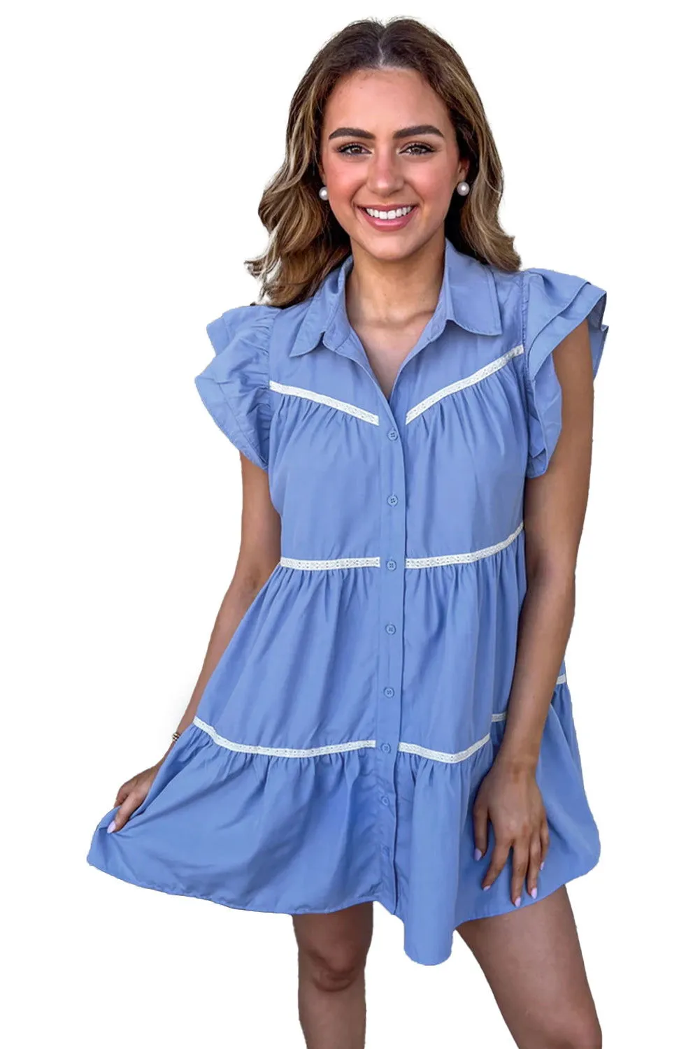 Sky Blue Collared Ruffle Tiered Babydoll Dress