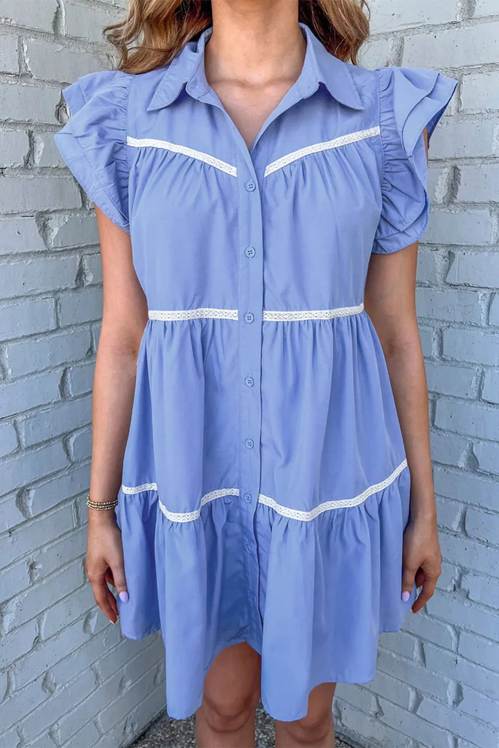 Sky Blue Collared Ruffle Tiered Babydoll Dress