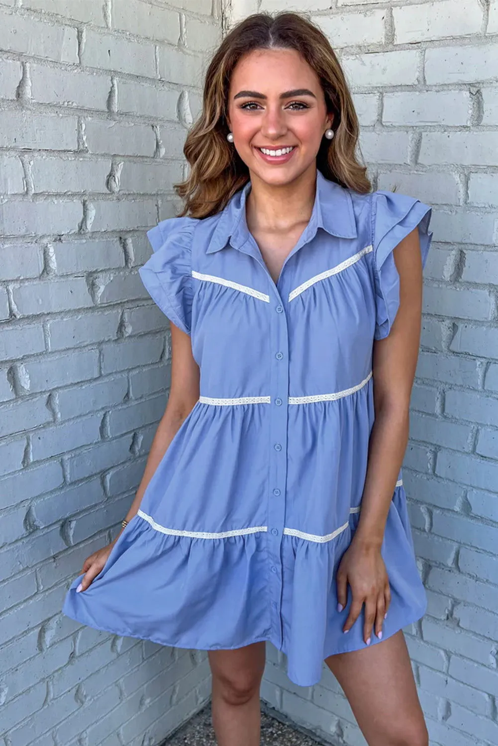 Sky Blue Collared Ruffle Tiered Babydoll Dress