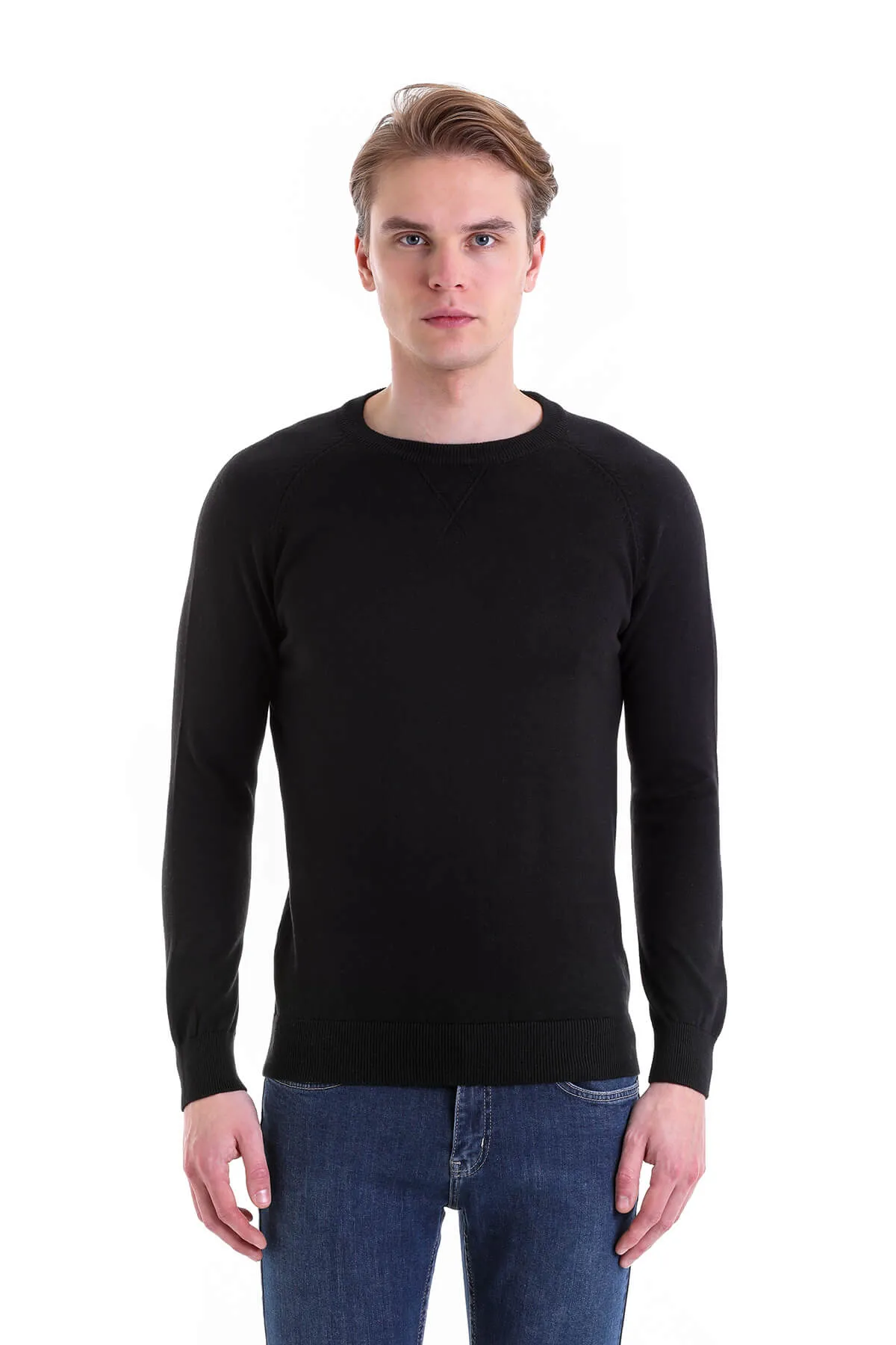 Slim Fit Black Cotton Blend Crewneck Sweater