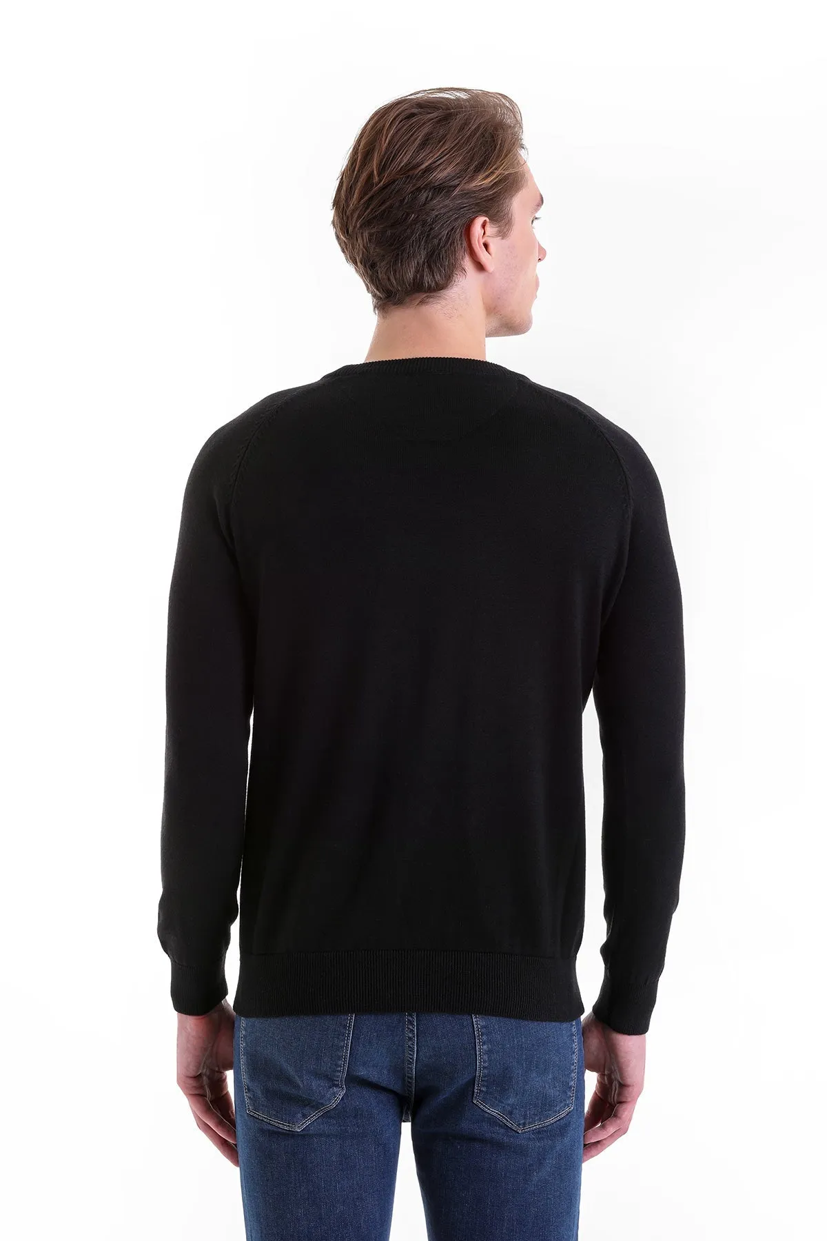 Slim Fit Black Cotton Blend Crewneck Sweater