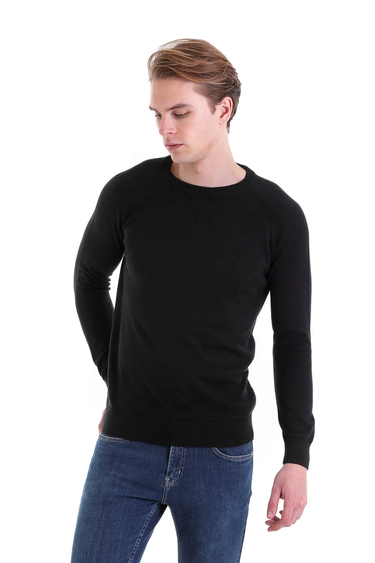 Slim Fit Black Cotton Blend Crewneck Sweater