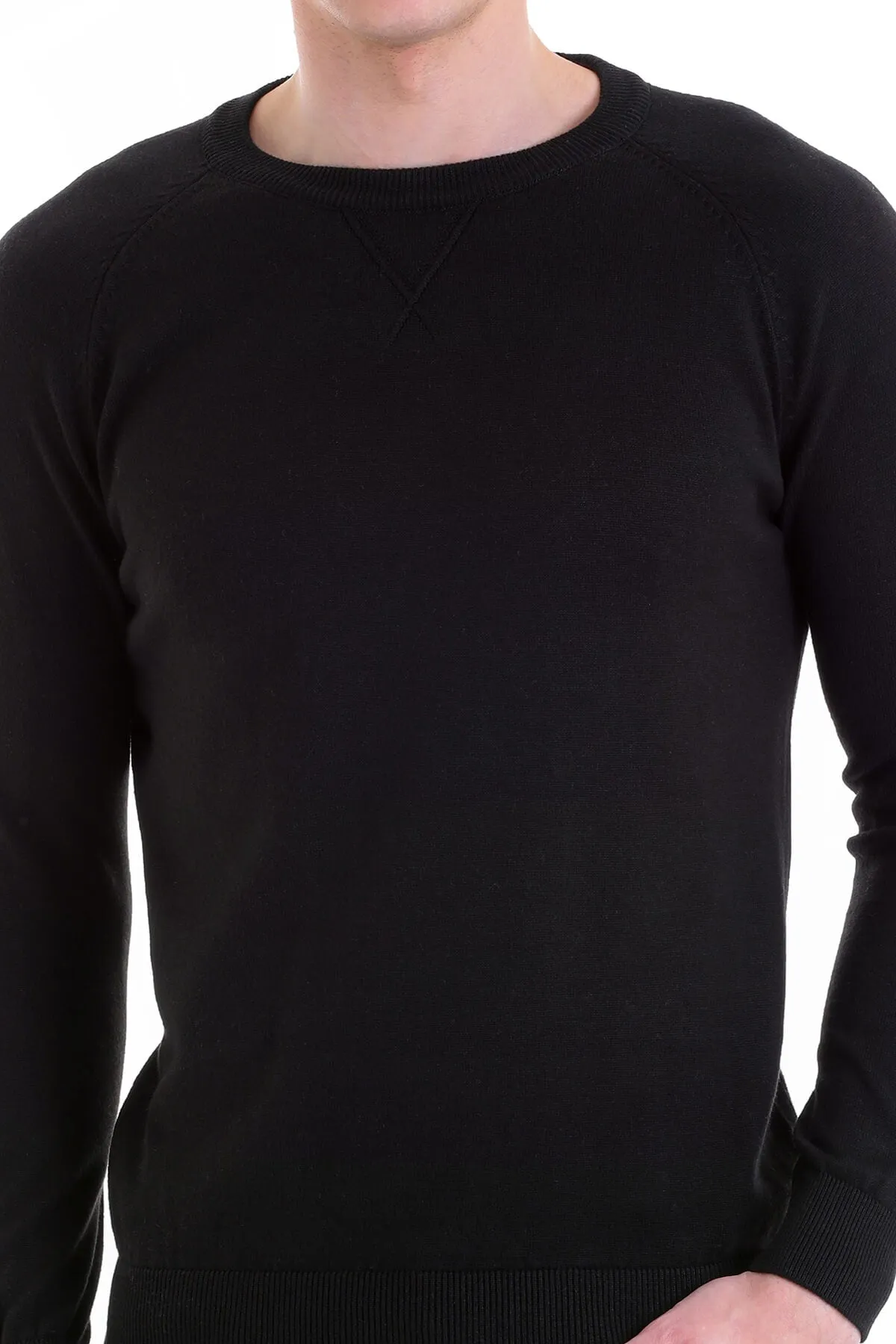 Slim Fit Black Cotton Blend Crewneck Sweater