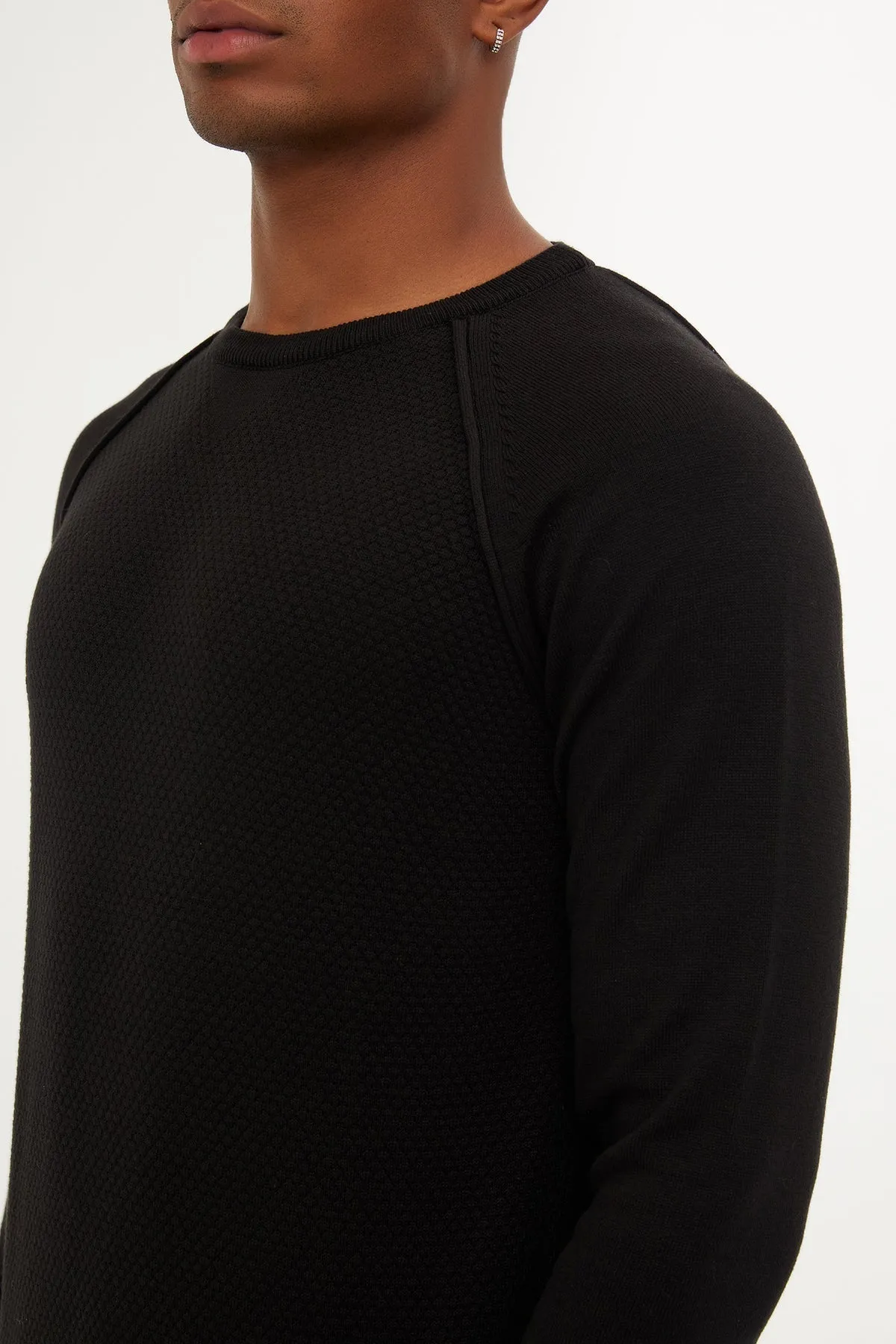 Slim Fit Black Waffle-Grid Cotton Blend Crewneck Sweater