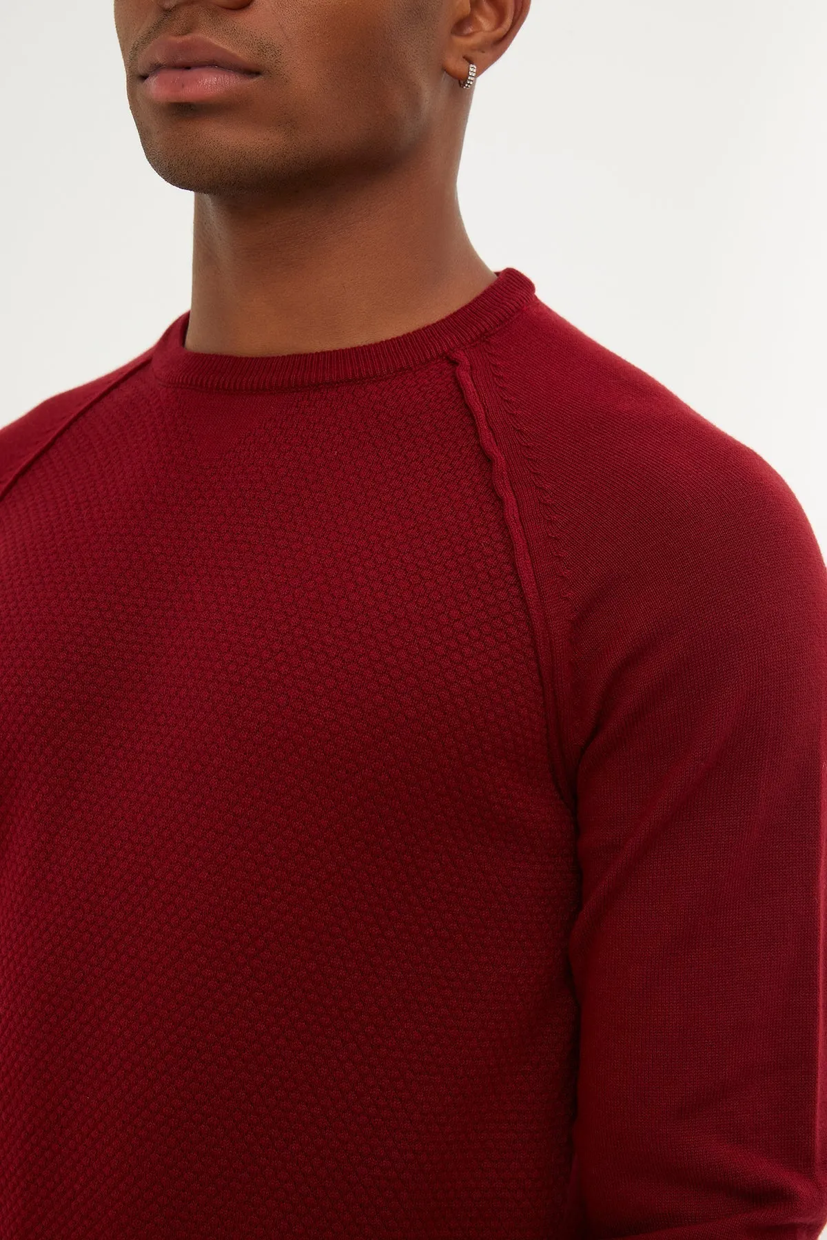 Slim Fit Red Cotton Blend Crewneck Sweater