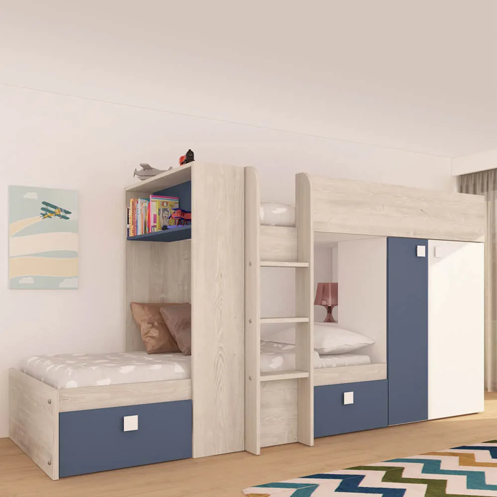 Smokey Blue Bunk Beds with Wardrobe and Storage by Trasman