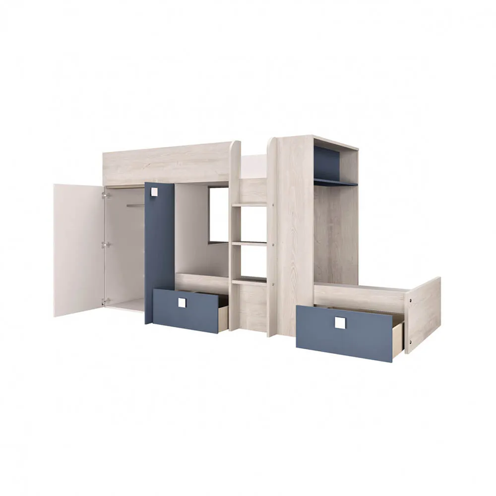 Smokey Blue Bunk Beds with Wardrobe and Storage by Trasman