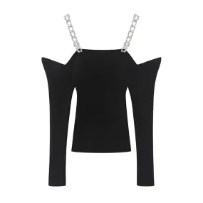 Solid Slimming Knitted T Shirt For Women Square Collar Long Sleeve Patchwork Chain Minimalist T Shirts Female New