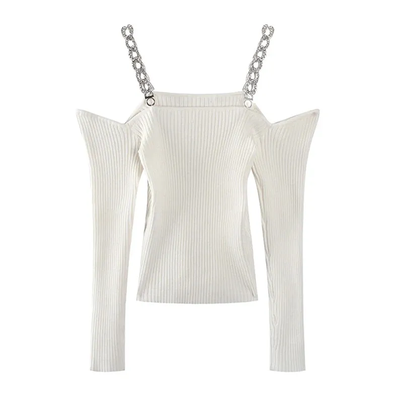 Solid Slimming Knitted T Shirt For Women Square Collar Long Sleeve Patchwork Chain Minimalist T Shirts Female New