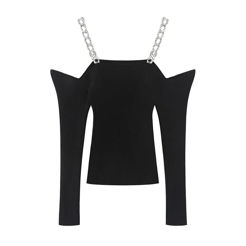 Solid Slimming Knitted T Shirt For Women Square Collar Long Sleeve Patchwork Chain Minimalist T Shirts Female New