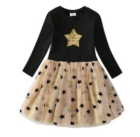 Star -  Girls Long Sleeve Sequin Star Tulle Skirt Dress