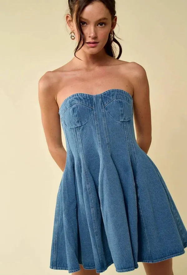 Strapless Denim Babydoll Mini Dress