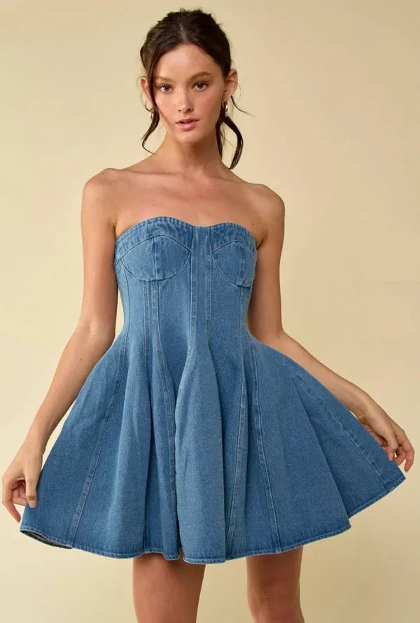 Strapless Denim Babydoll Mini Dress