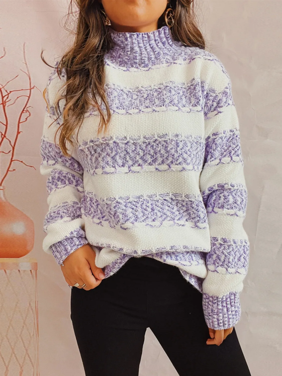 Striped Turtleneck Long Sleeve Sweater – Warm, Stylish Knit for Fall & Winter