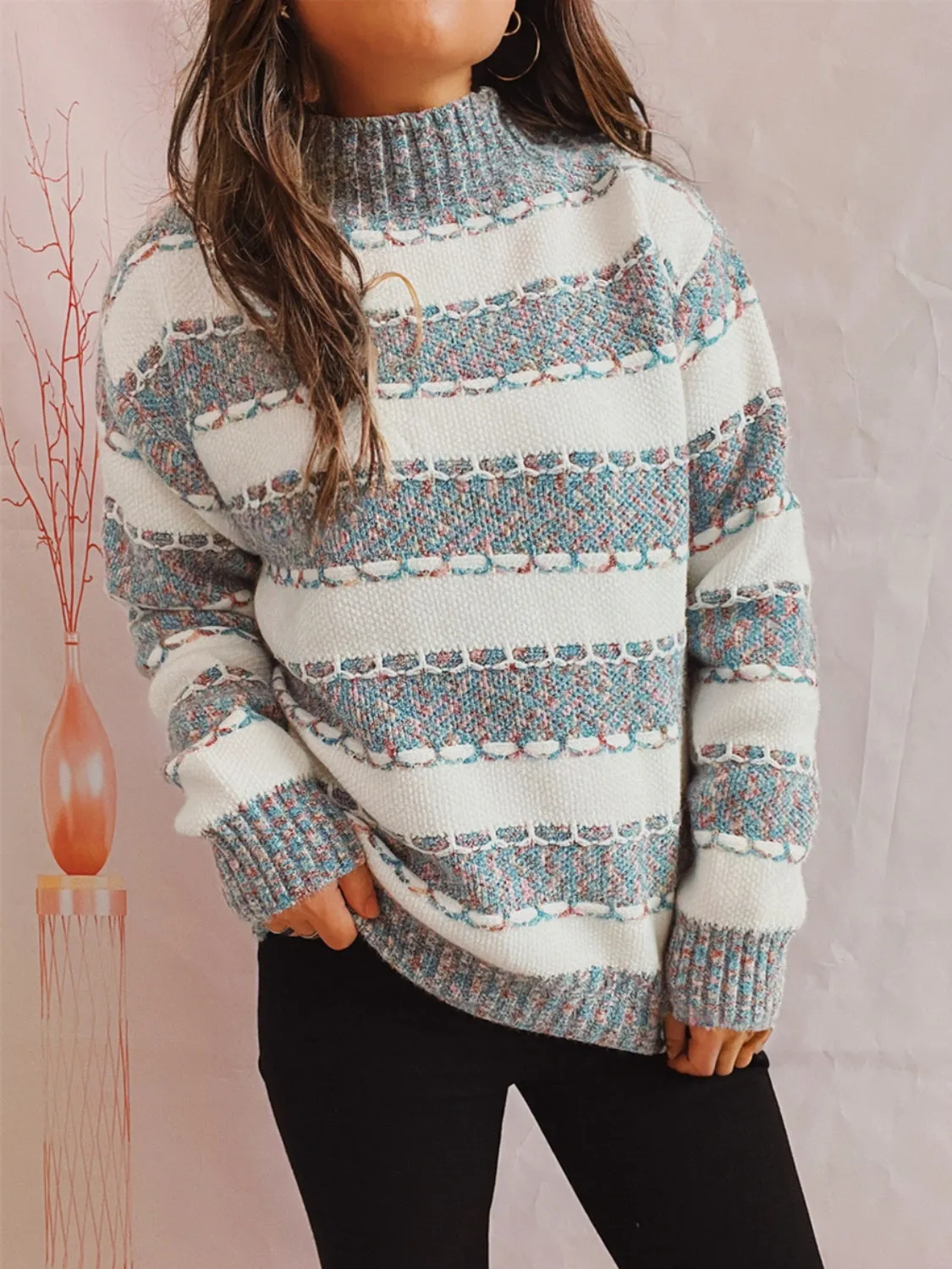 Striped Turtleneck Long Sleeve Sweater – Warm, Stylish Knit for Fall & Winter