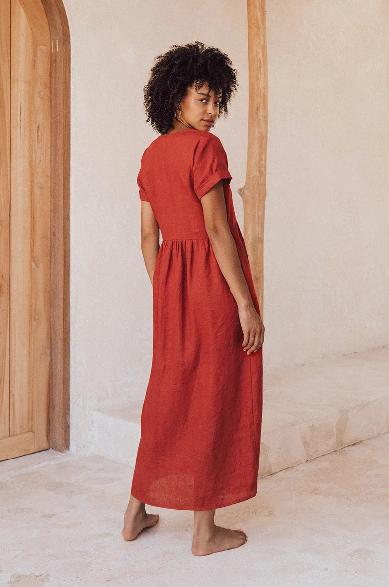 SUNSEEKER Midi Dress - warm red linen