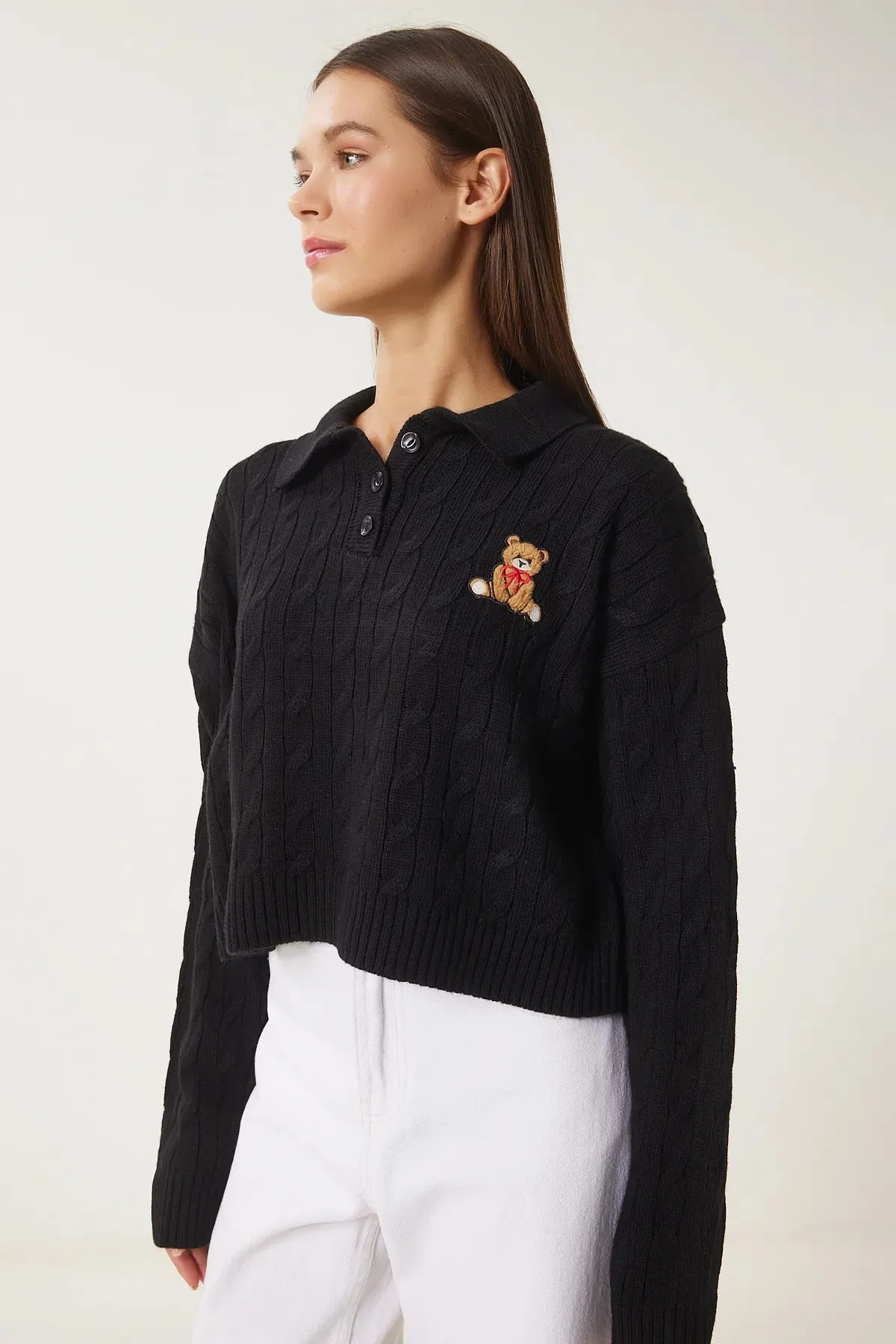 Teddy Bear Embroidered Polo Neck Knitted Sweater BLACK