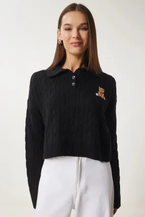 Teddy Bear Embroidered Polo Neck Knitted Sweater BLACK