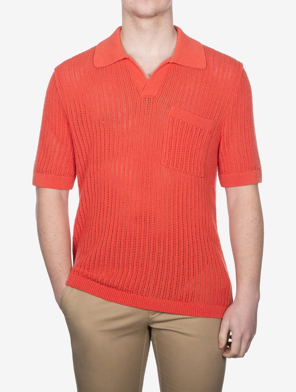 Textured Linen Short Sleeve Polo Burnt Orange