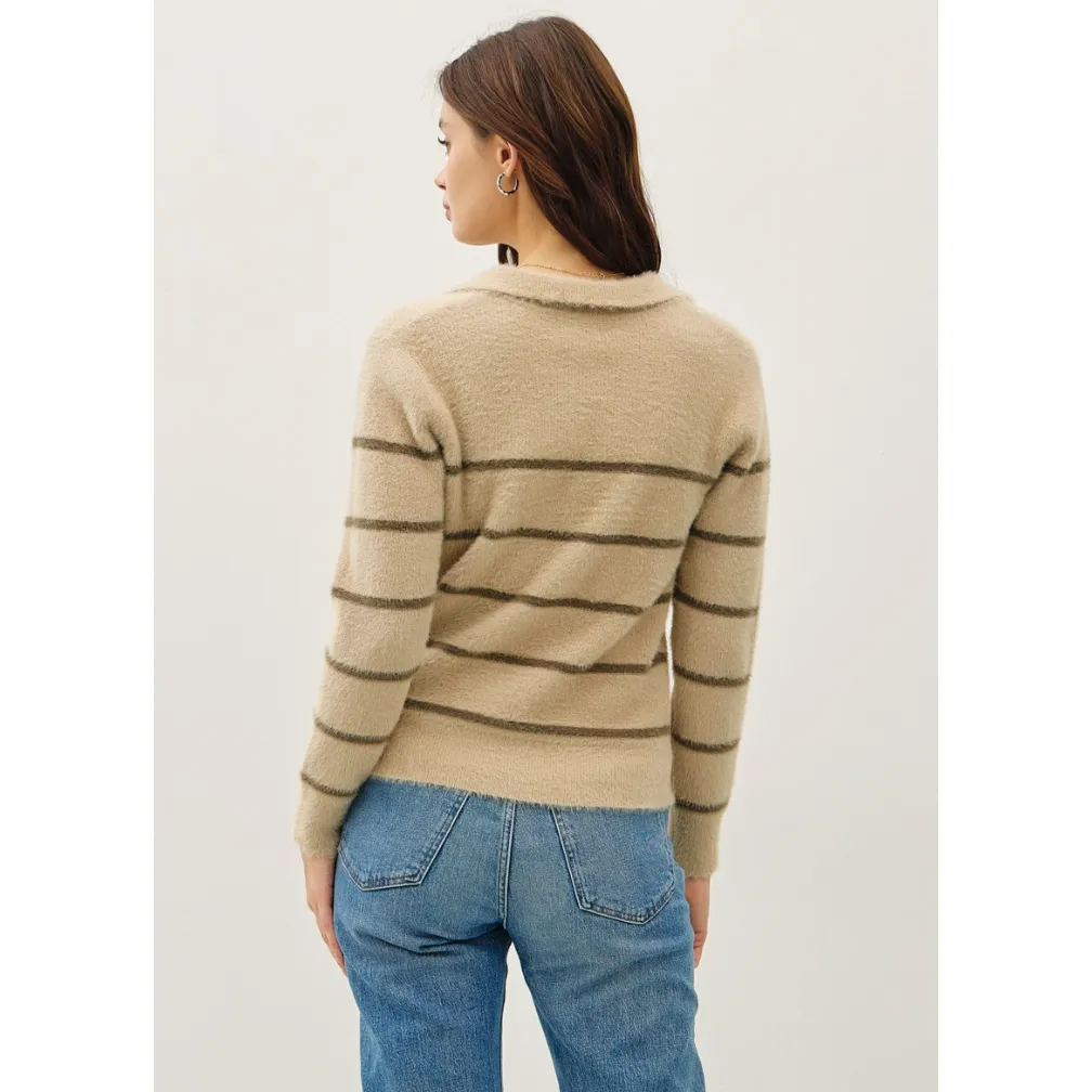 The Balboa Beige/Olive Fuzzy Striped Polo Sweater