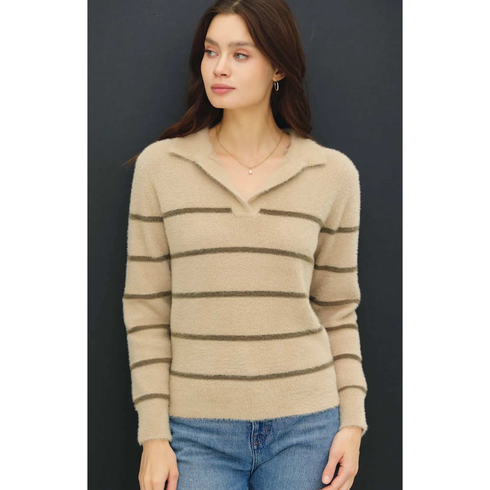 The Balboa Beige/Olive Fuzzy Striped Polo Sweater